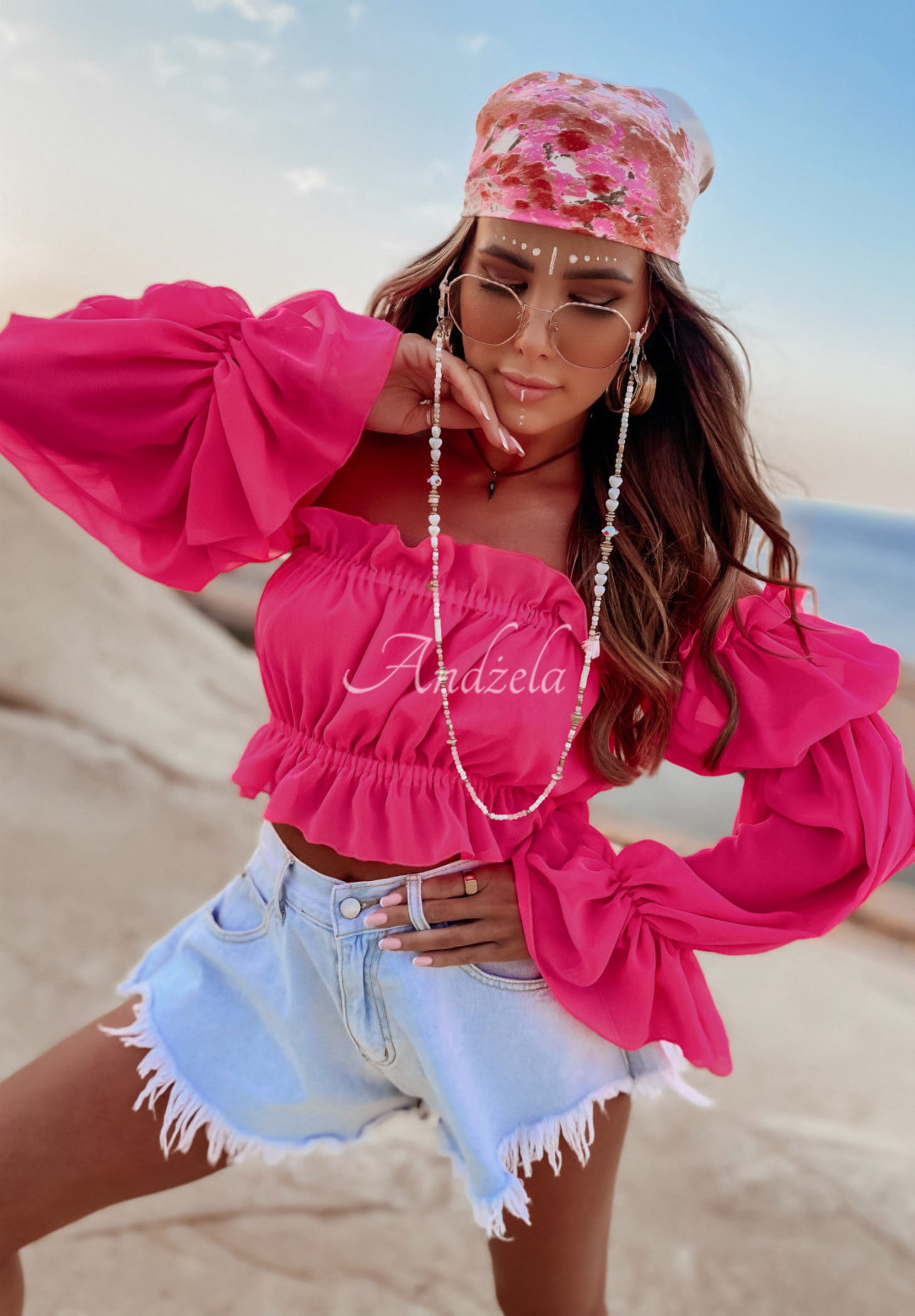 Kurze Bluse im spanischen Stil Monaco Fuchsia