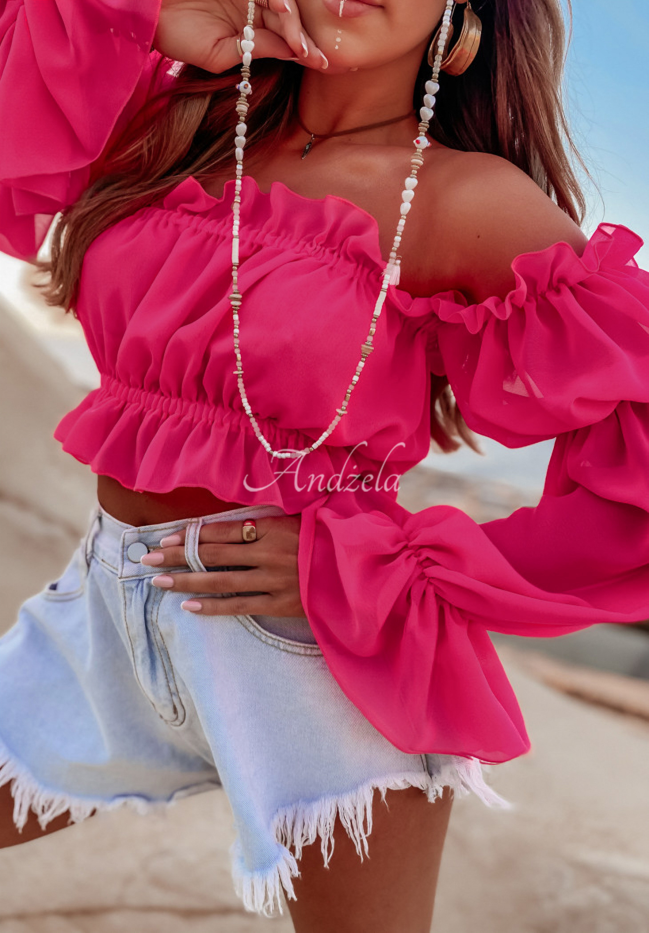Kurze Bluse im spanischen Stil Monaco Fuchsia
