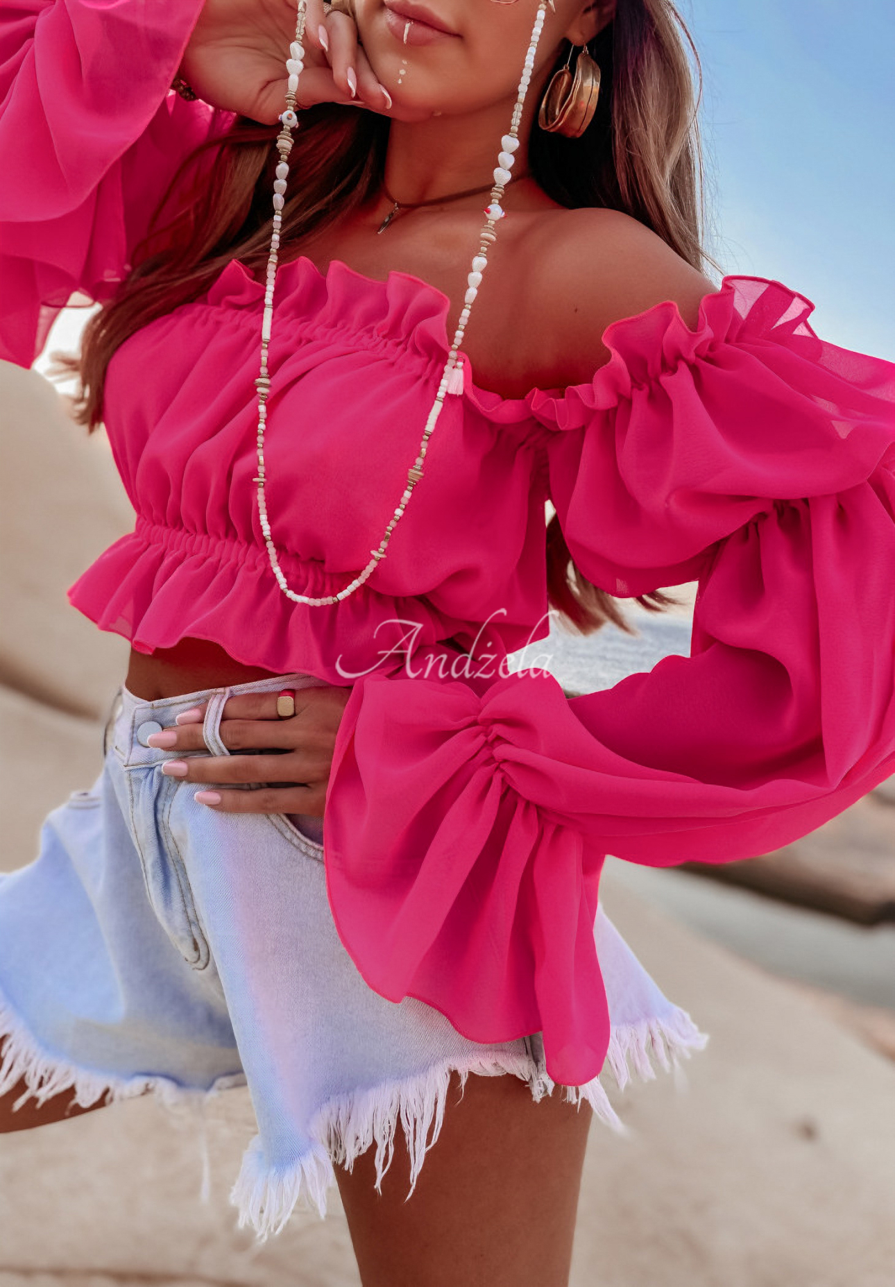 Kurze Bluse im spanischen Stil Monaco Fuchsia