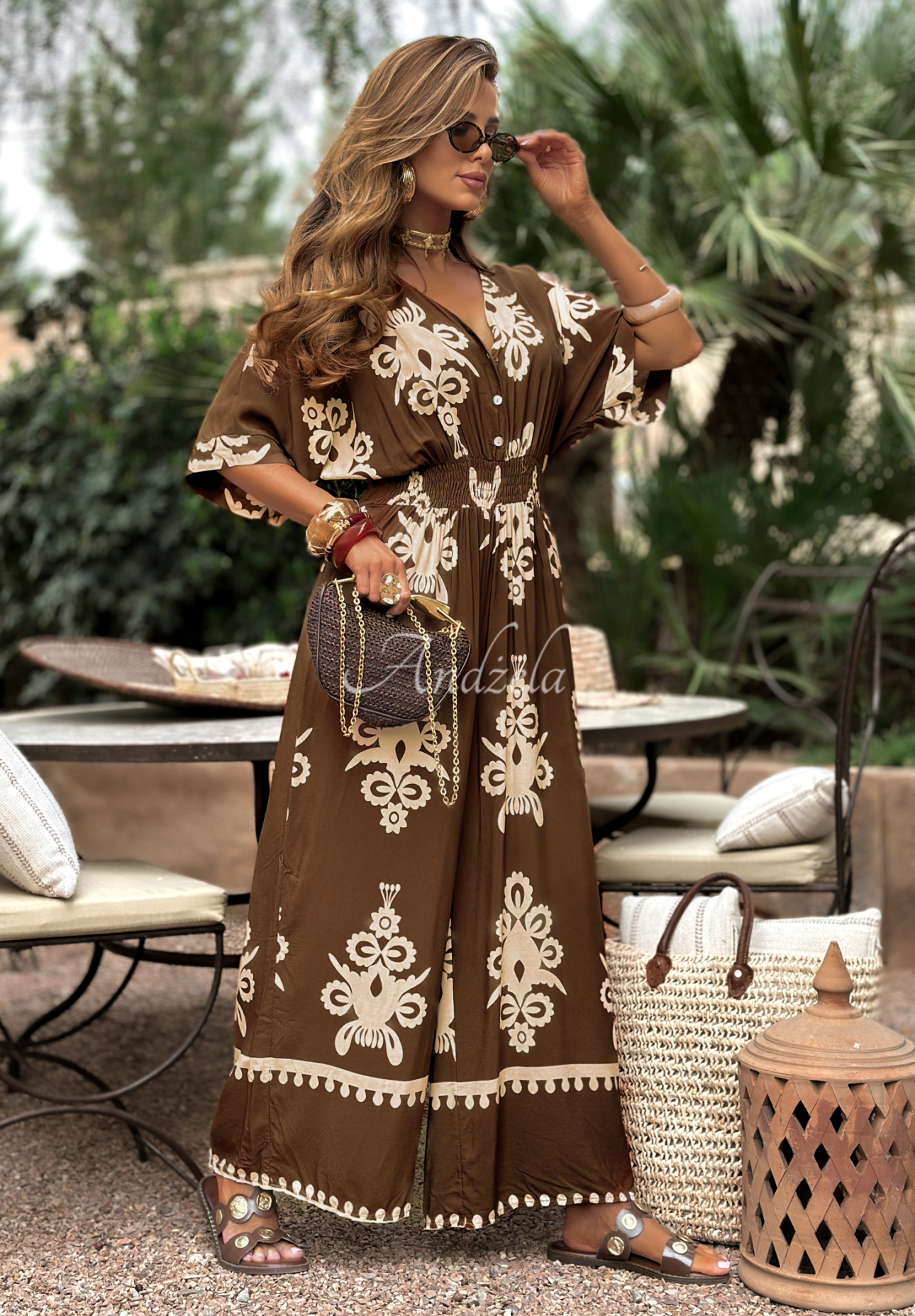 Langer gemusterter Viskose-Jumpsuit Rayna schokoladenbraun-beige