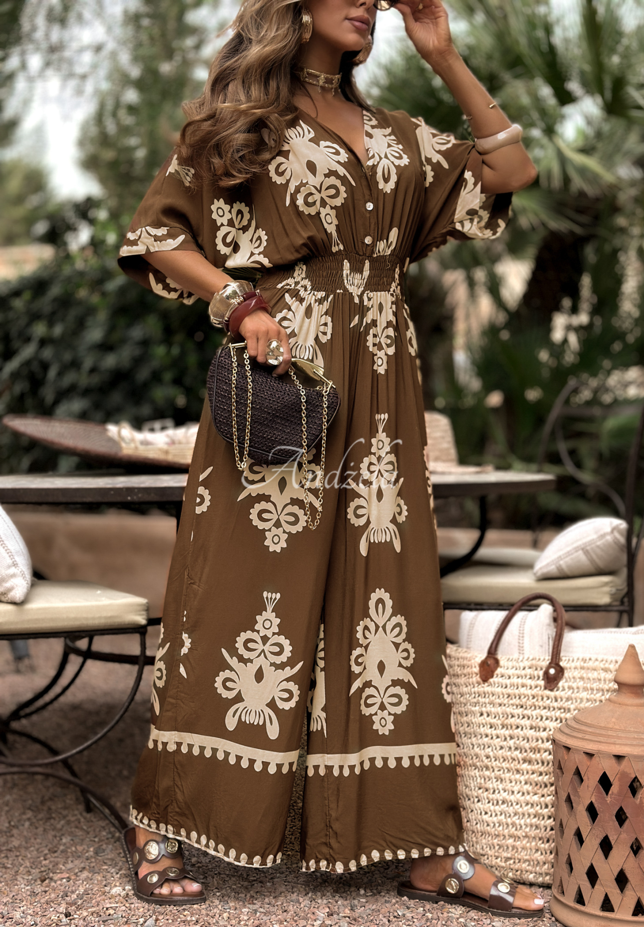 Langer gemusterter Viskose-Jumpsuit Rayna schokoladenbraun-beige