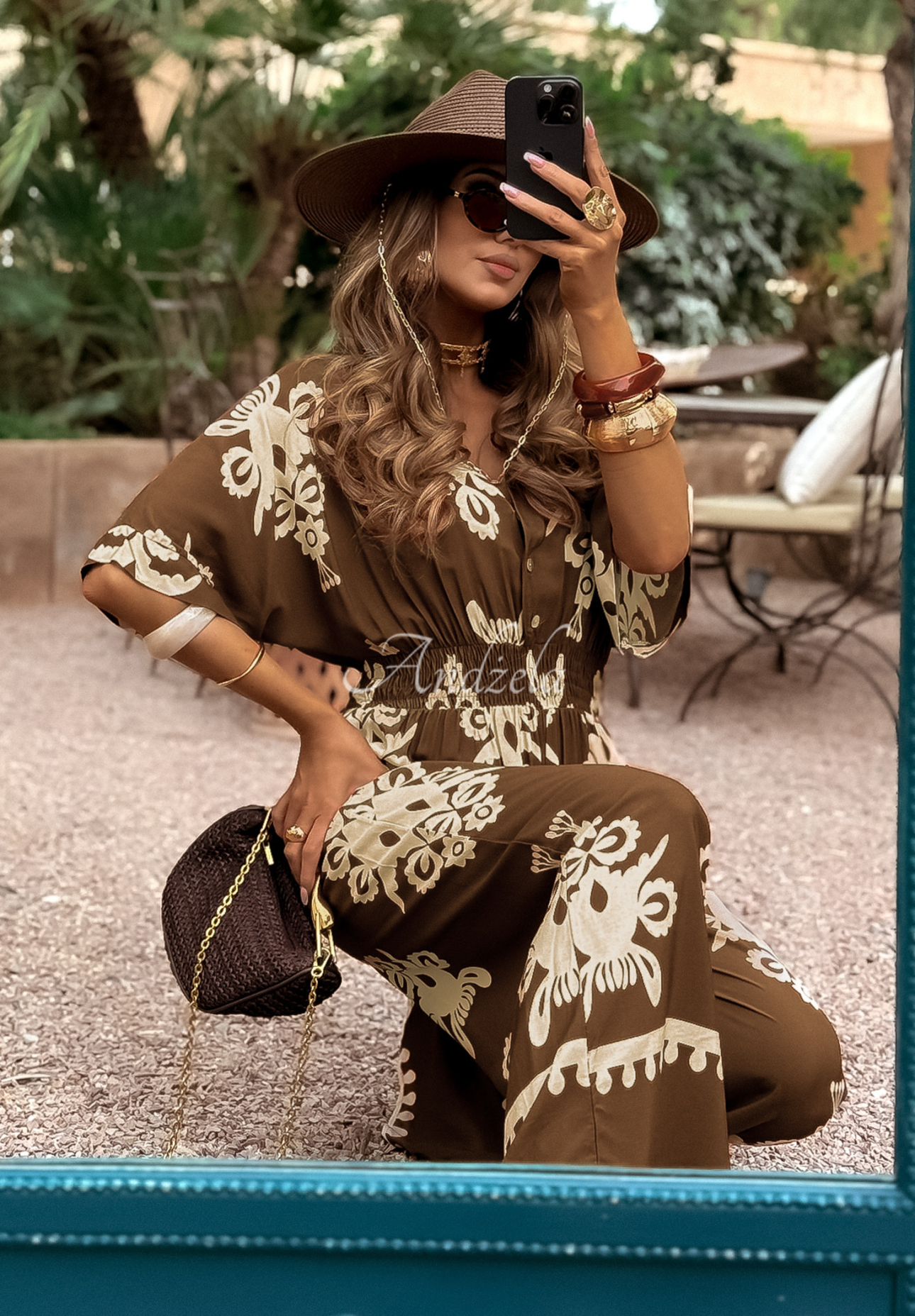 Langer gemusterter Viskose-Jumpsuit Rayna schokoladenbraun-beige