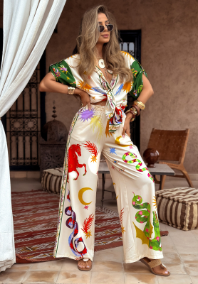 Gemustertes Set Hemd und Hose wide leg The Inner Eye Beige