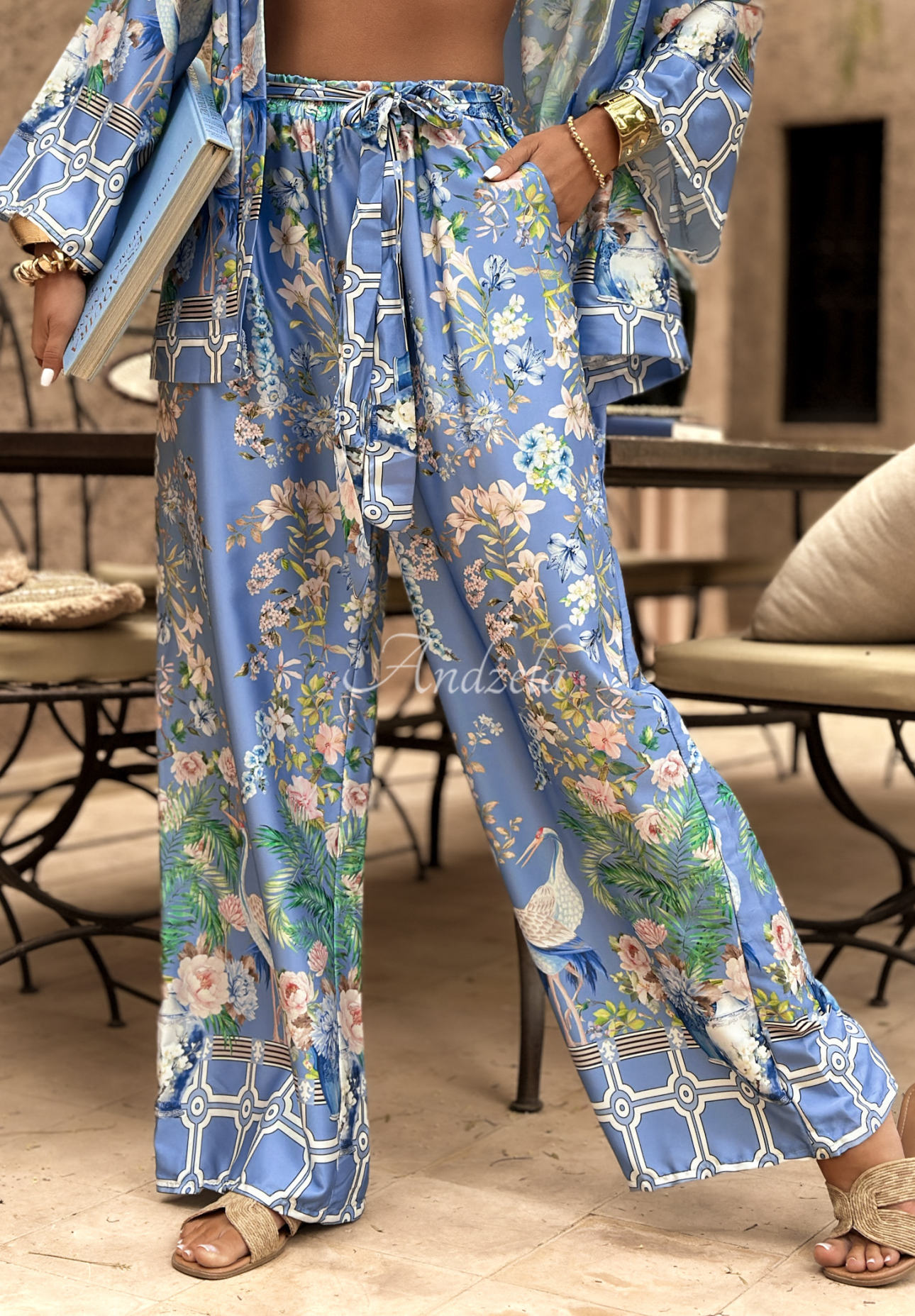 Satinhose wide leg gemustert Egzotic Mosaic Blau