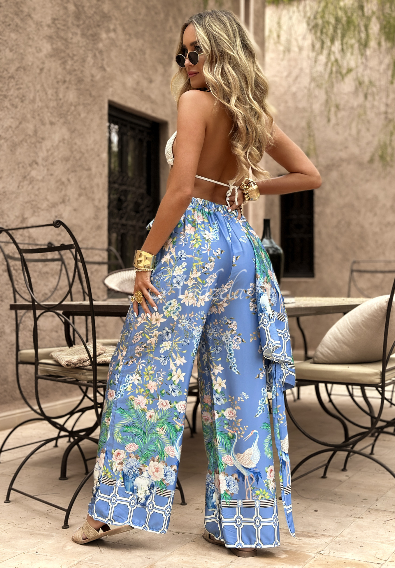 Satinhose wide leg gemustert Egzotic Mosaic Blau