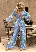 Satynowe Hose wide leg Mit Muster Egzotic Mosaic Blau