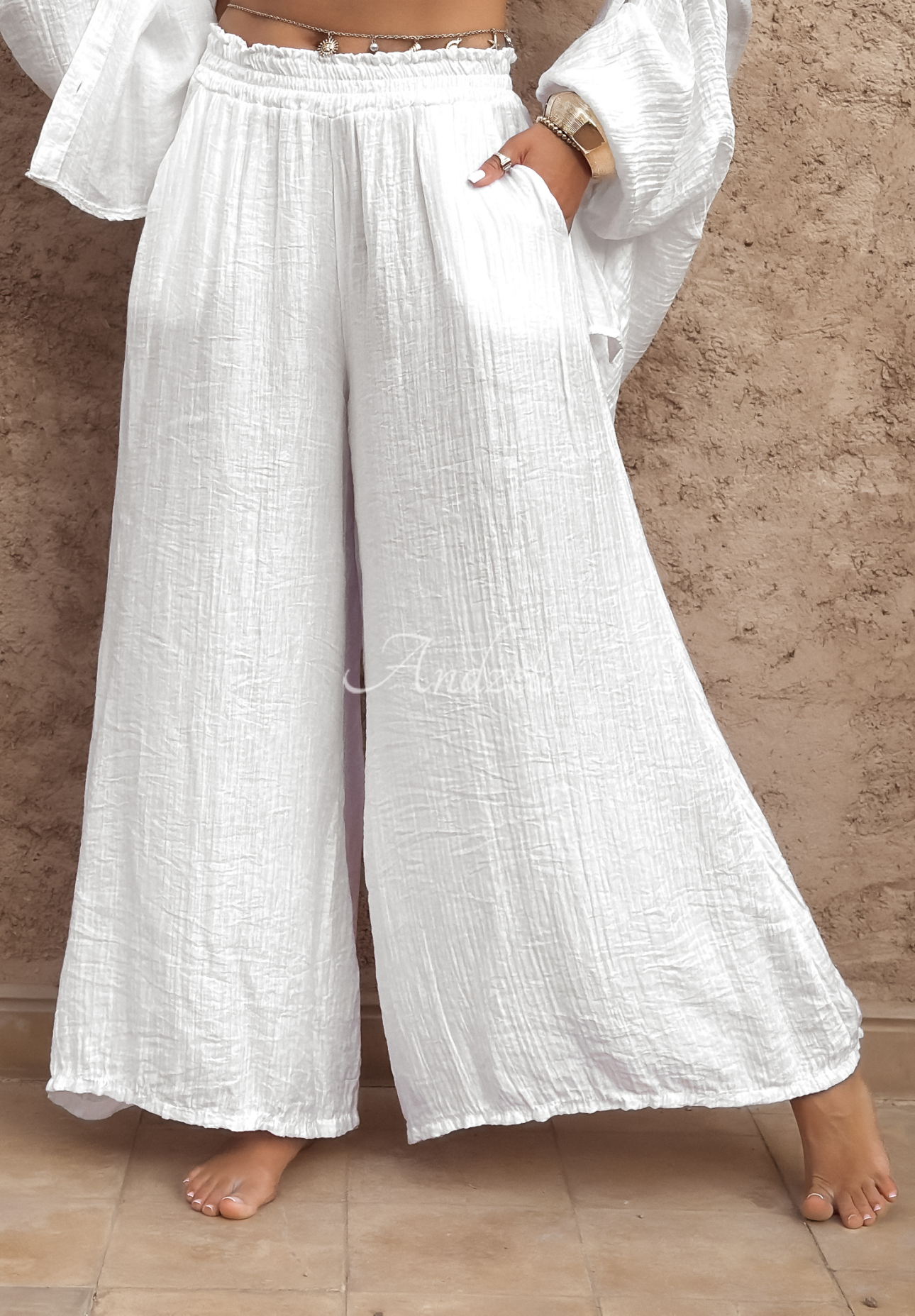 Musselin-Hose wide leg Forever Holidays Weiß