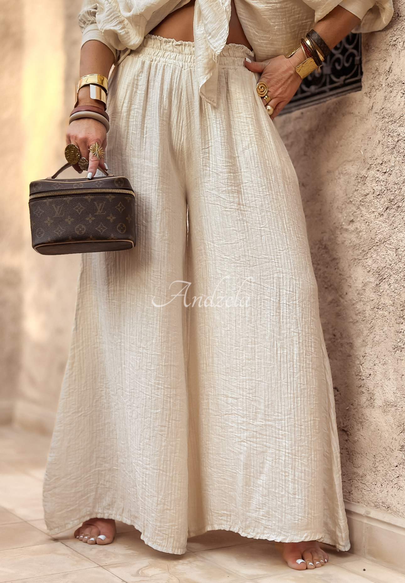 Musselin-Hose wide leg Forever Holidays Beige