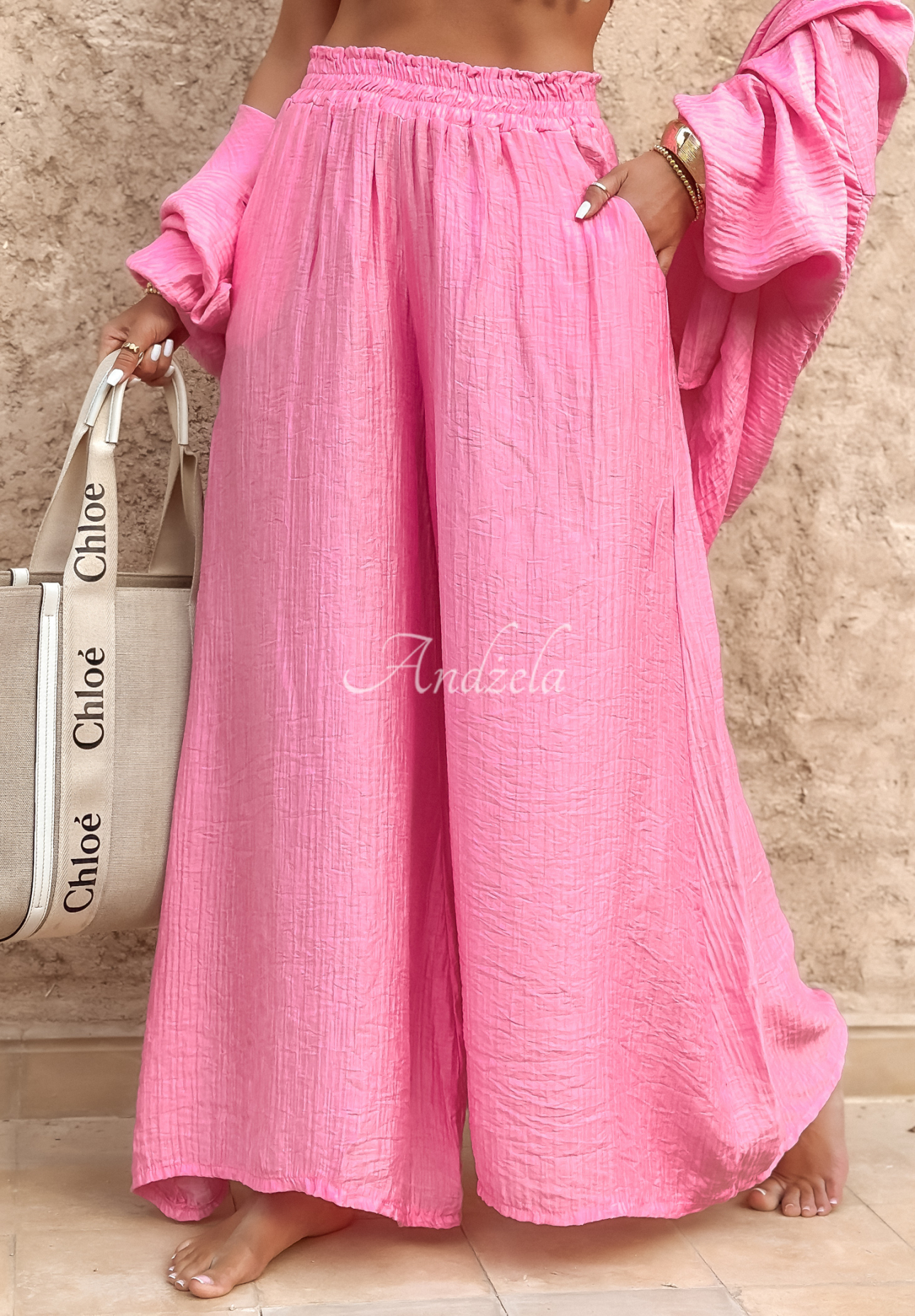 Musselin-Hose wide leg Forever Holidays Rosa