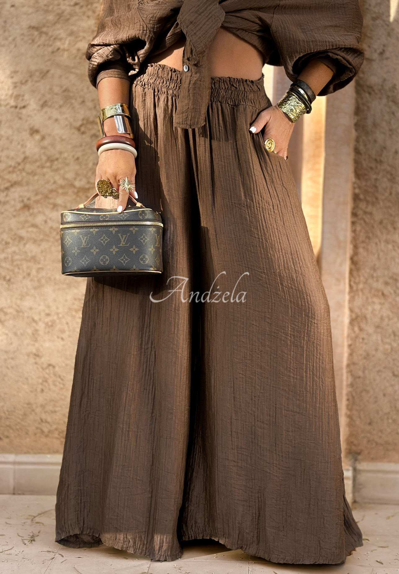 Musselin-Hose wide leg Forever Holidays Schokoladenbraun