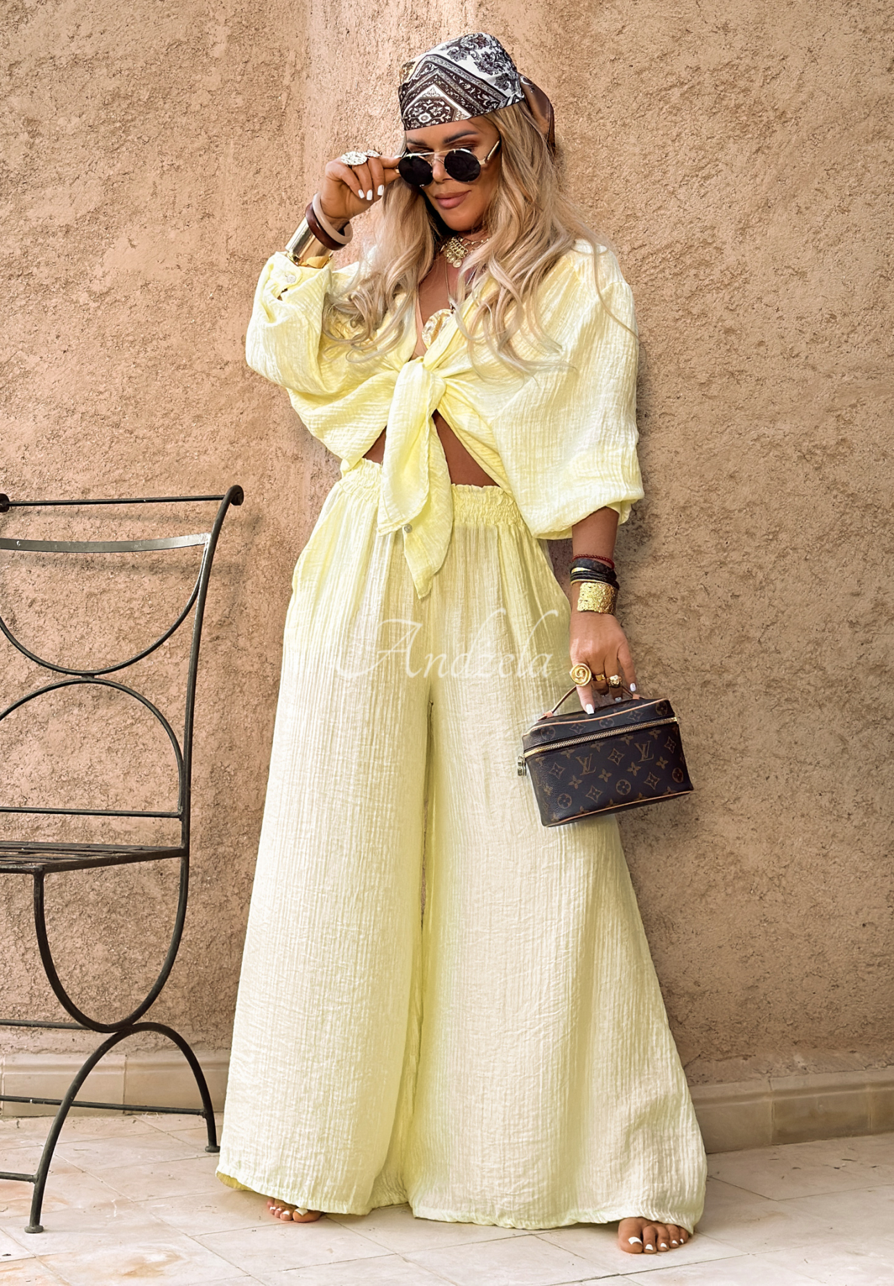 Musselin-Hose wide leg Forever Holidays Bananengelb