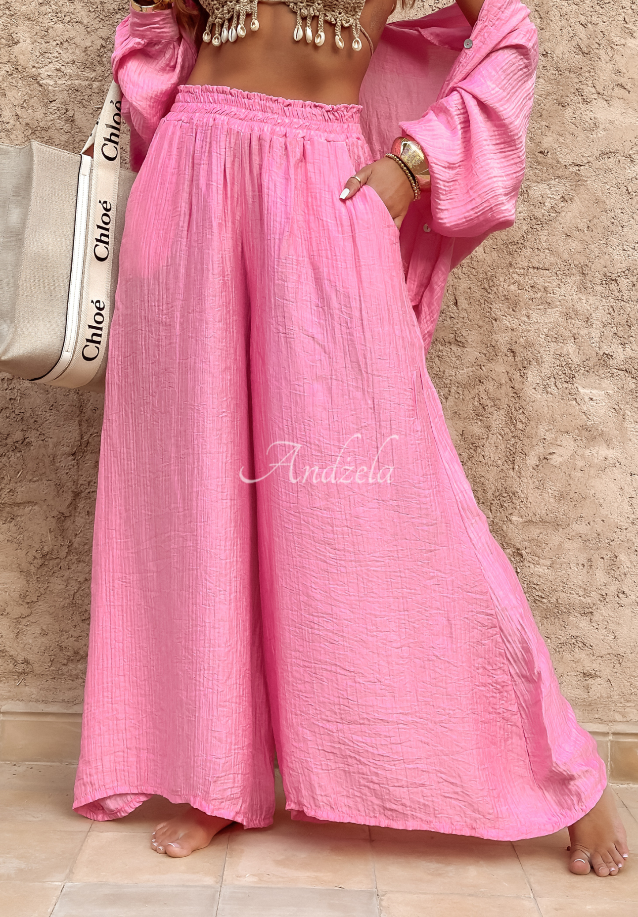 Musselin-Hose wide leg Forever Holidays Rosa