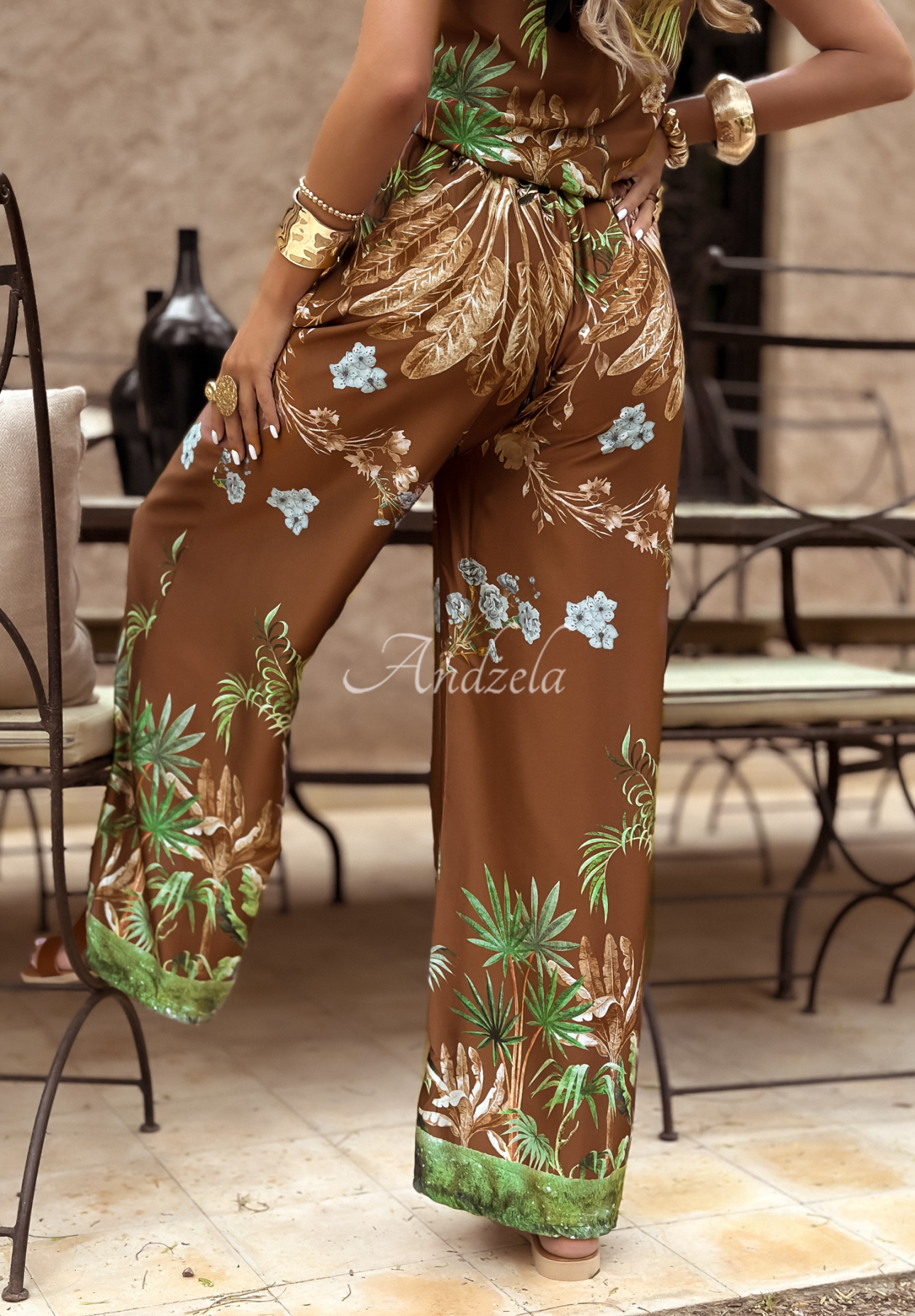 Gemusterte wide leg Hose Jungle Escape Schokoladenbraun