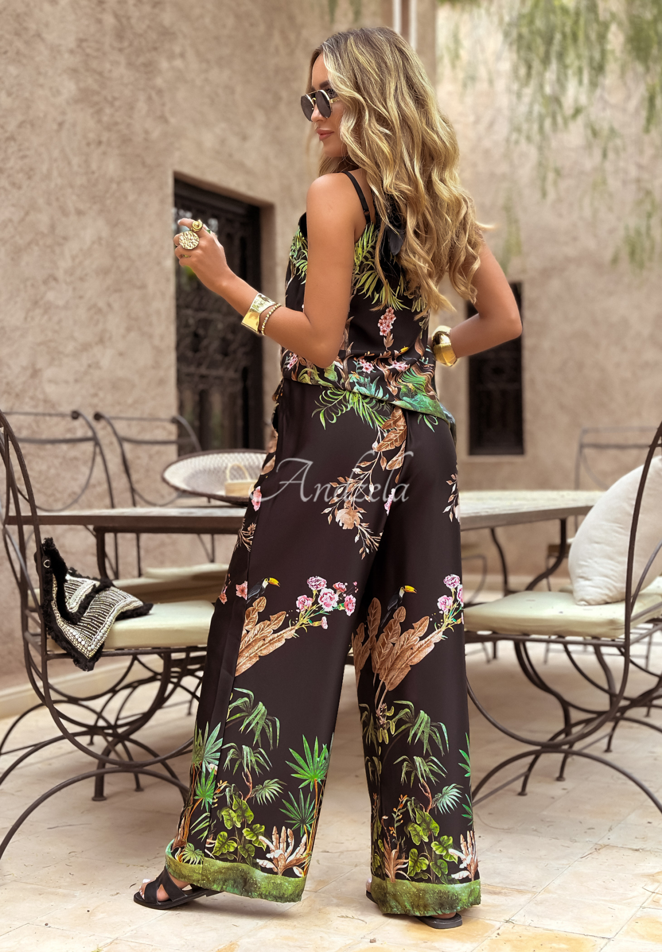 Gemusterte wide leg Hose Jungle Escape Schwarz