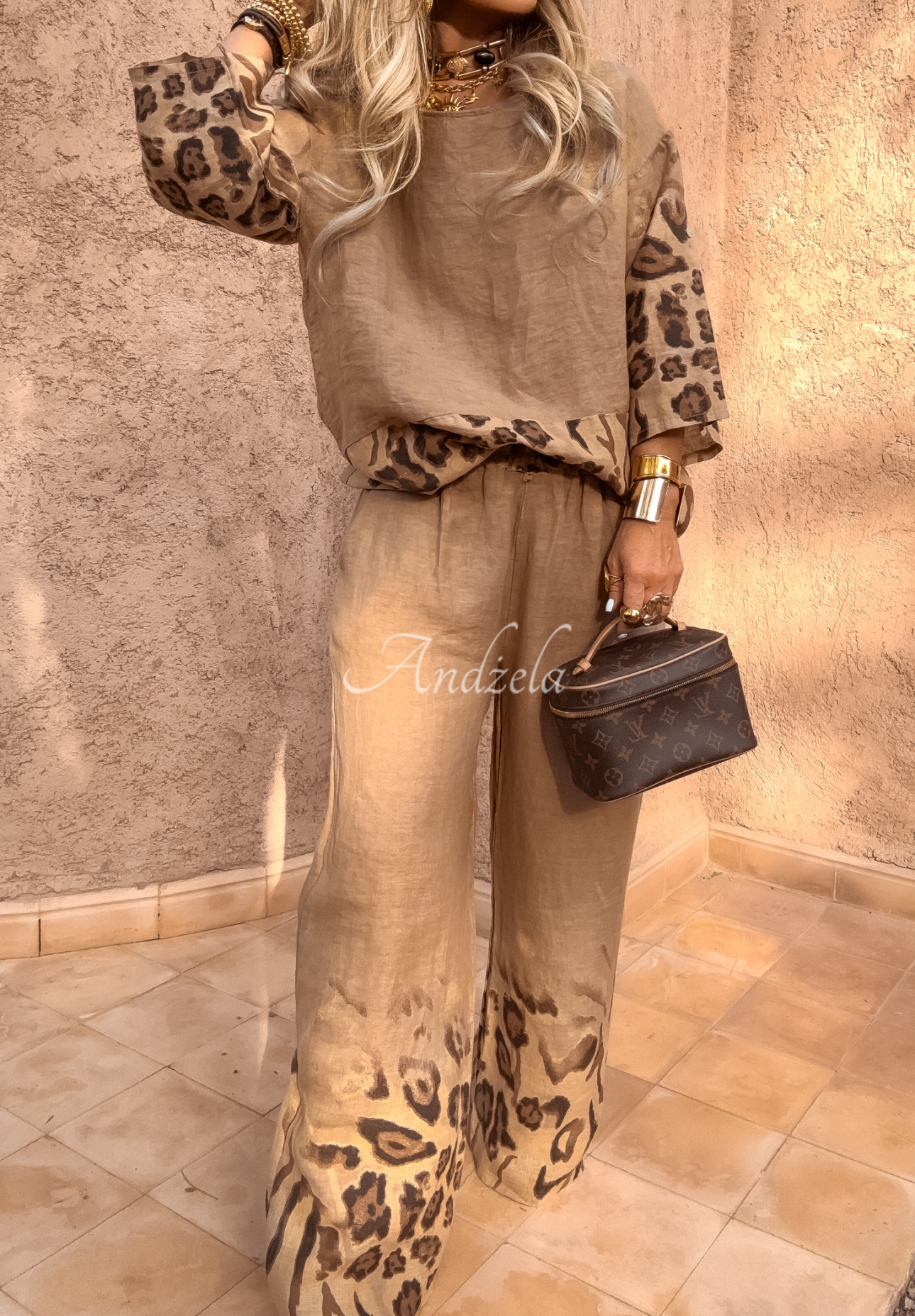 Leinen-Set Bluse und Hose wide leg mit Leopardenmuster Summer Person Camel
