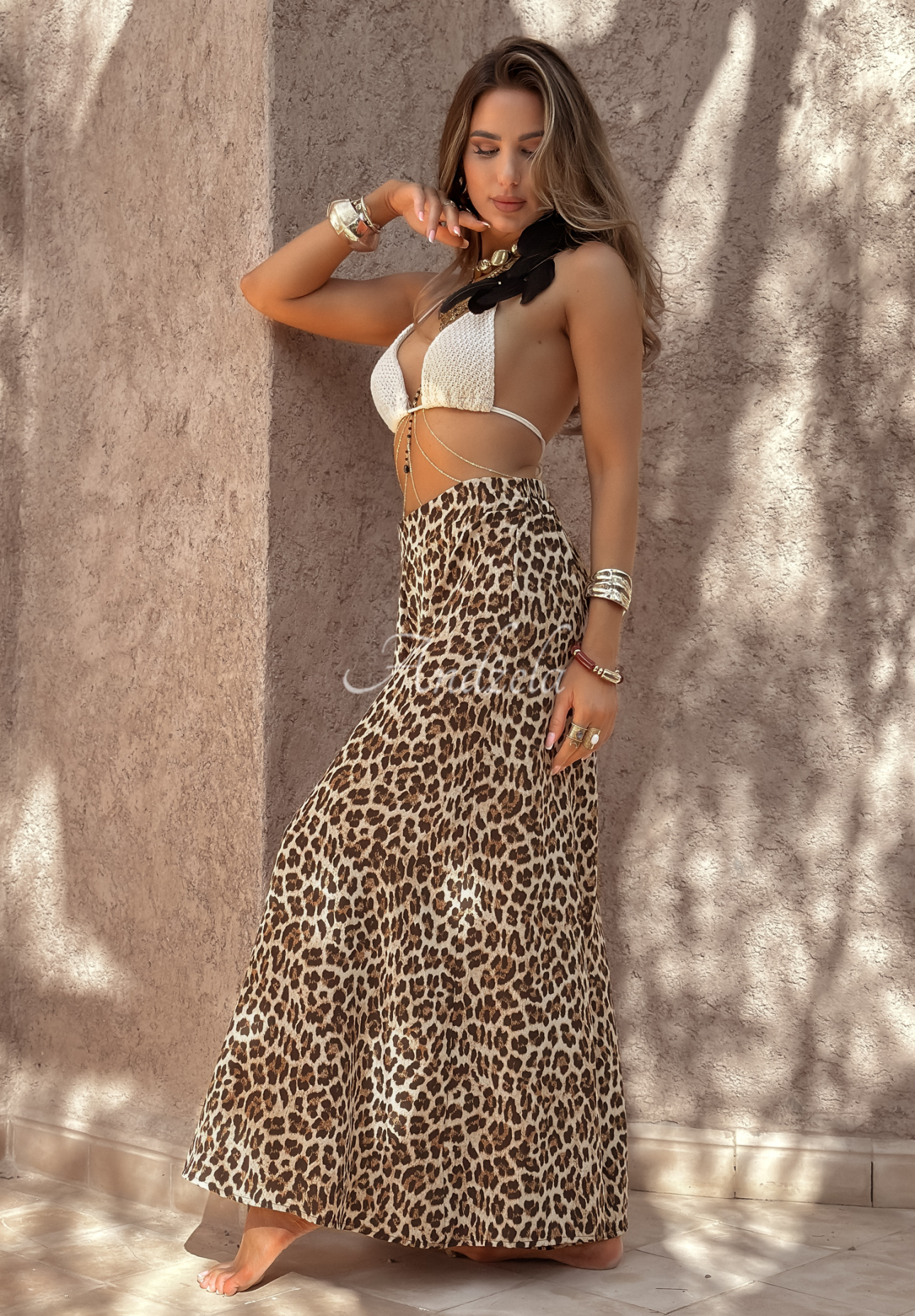 Stoffhose mit weitem Bein und Leopardenmuster Place For You Beige