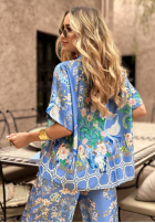 Satynowa Bluse Mit Muster Egzotic Mosaic Blau