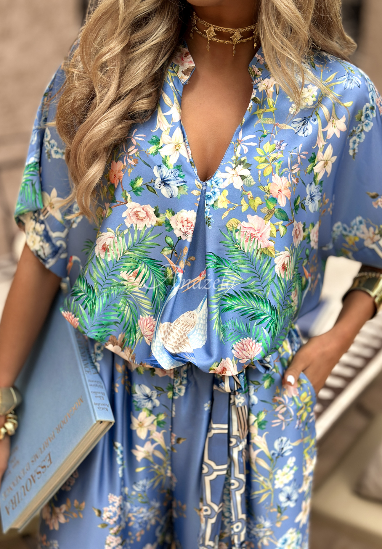 Gemusterte Satinbluse Egzotic Mosaic Blau