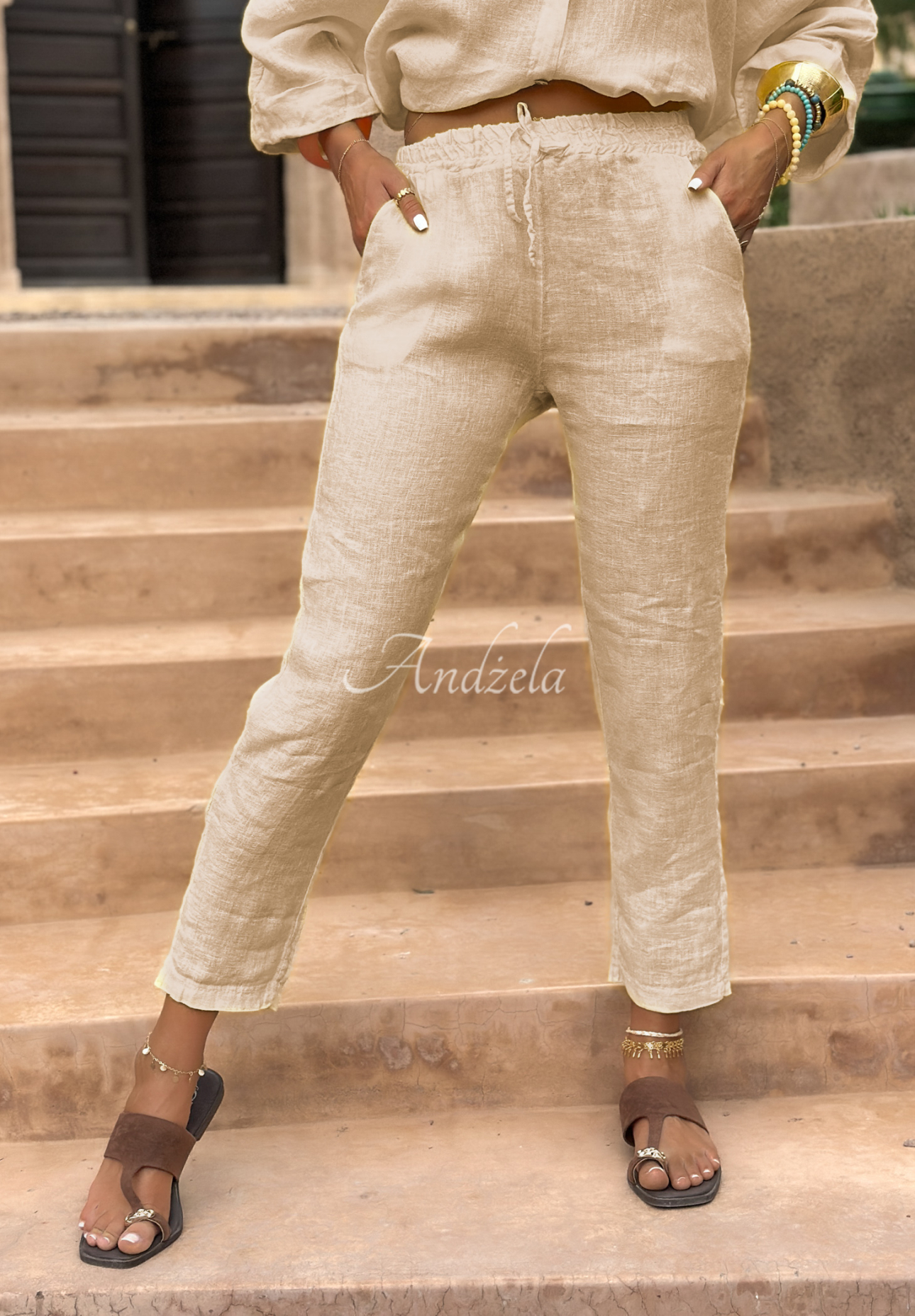 Leinenhose mit Bindung Summery Essentials Beige