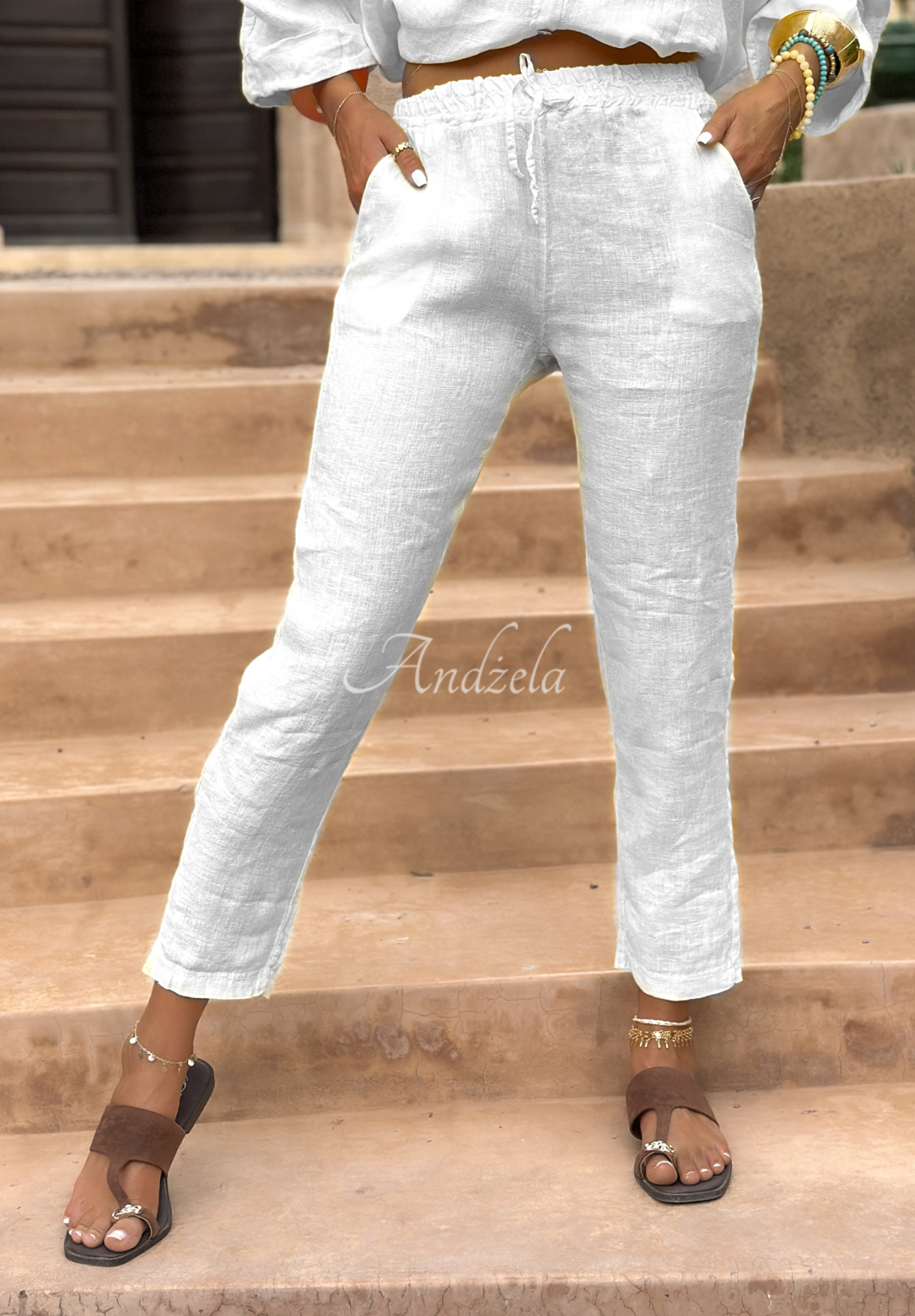 Leinenhose mit Bindung Summery Essentials Weiß