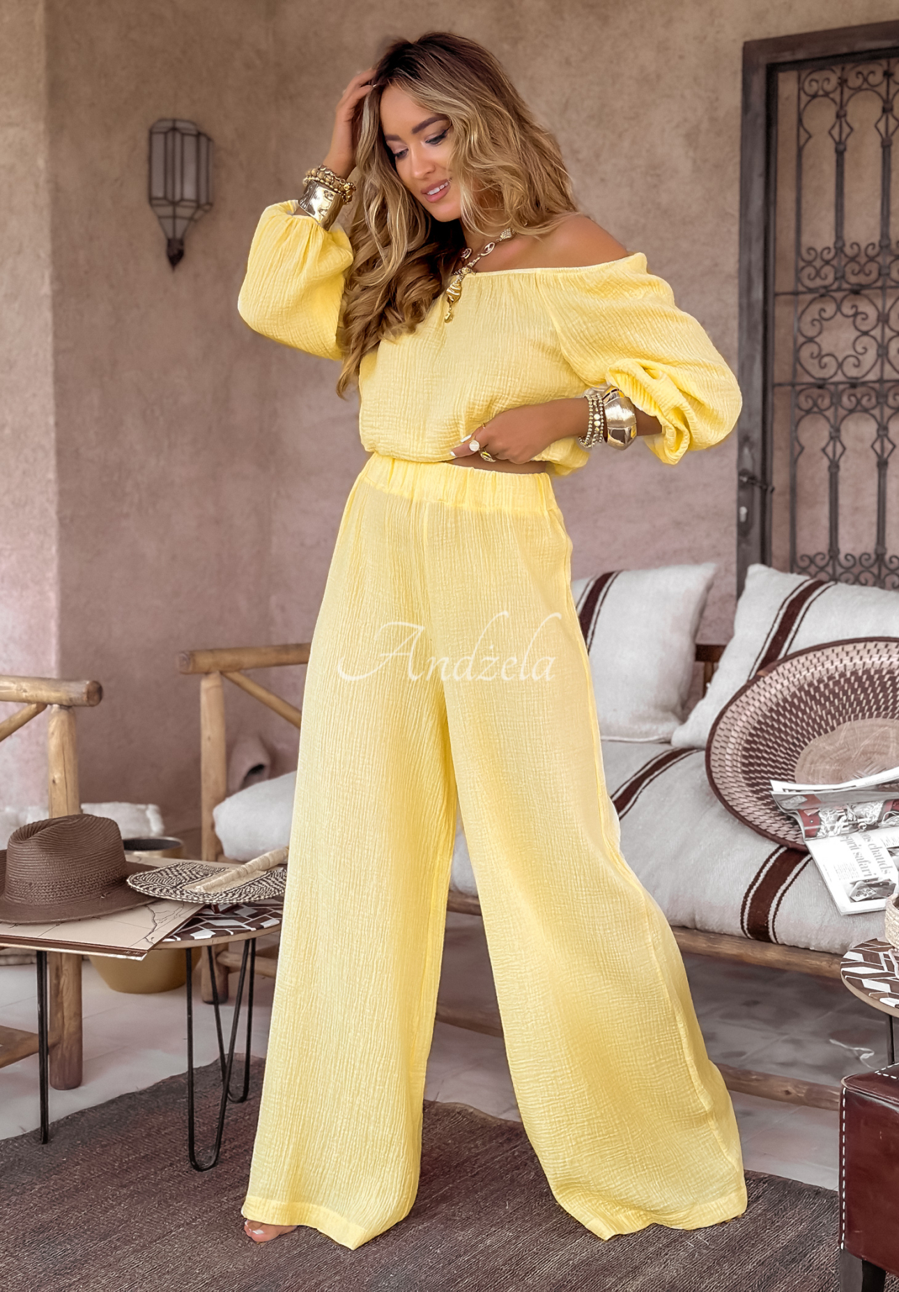Musselin-Hose wide leg Malta Bananengelb