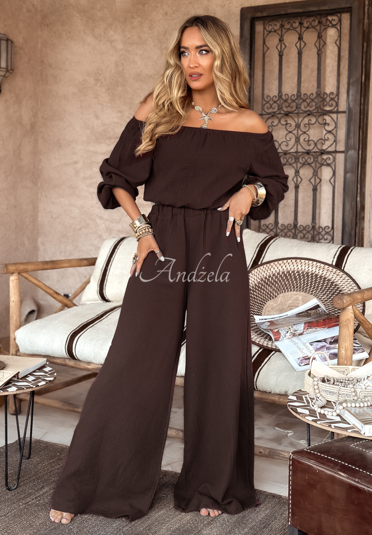 Musselin-Hose wide leg Malta Schokoladenbraun