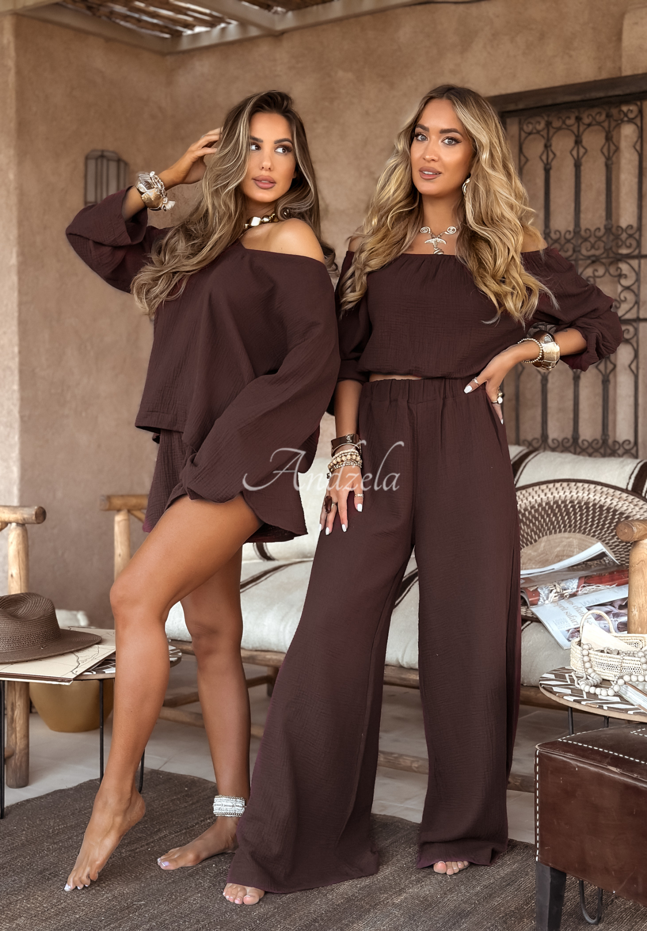Musselin-Hose wide leg Malta Schokoladenbraun