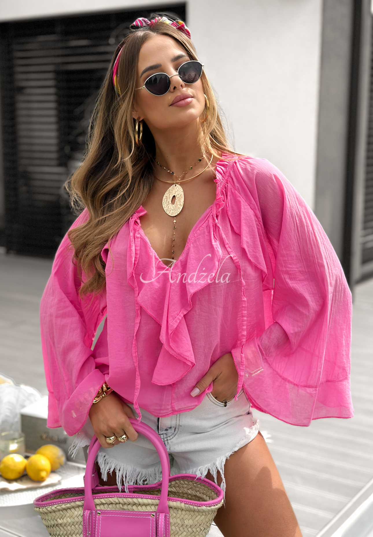Blouse with frills Like The Cloud pink