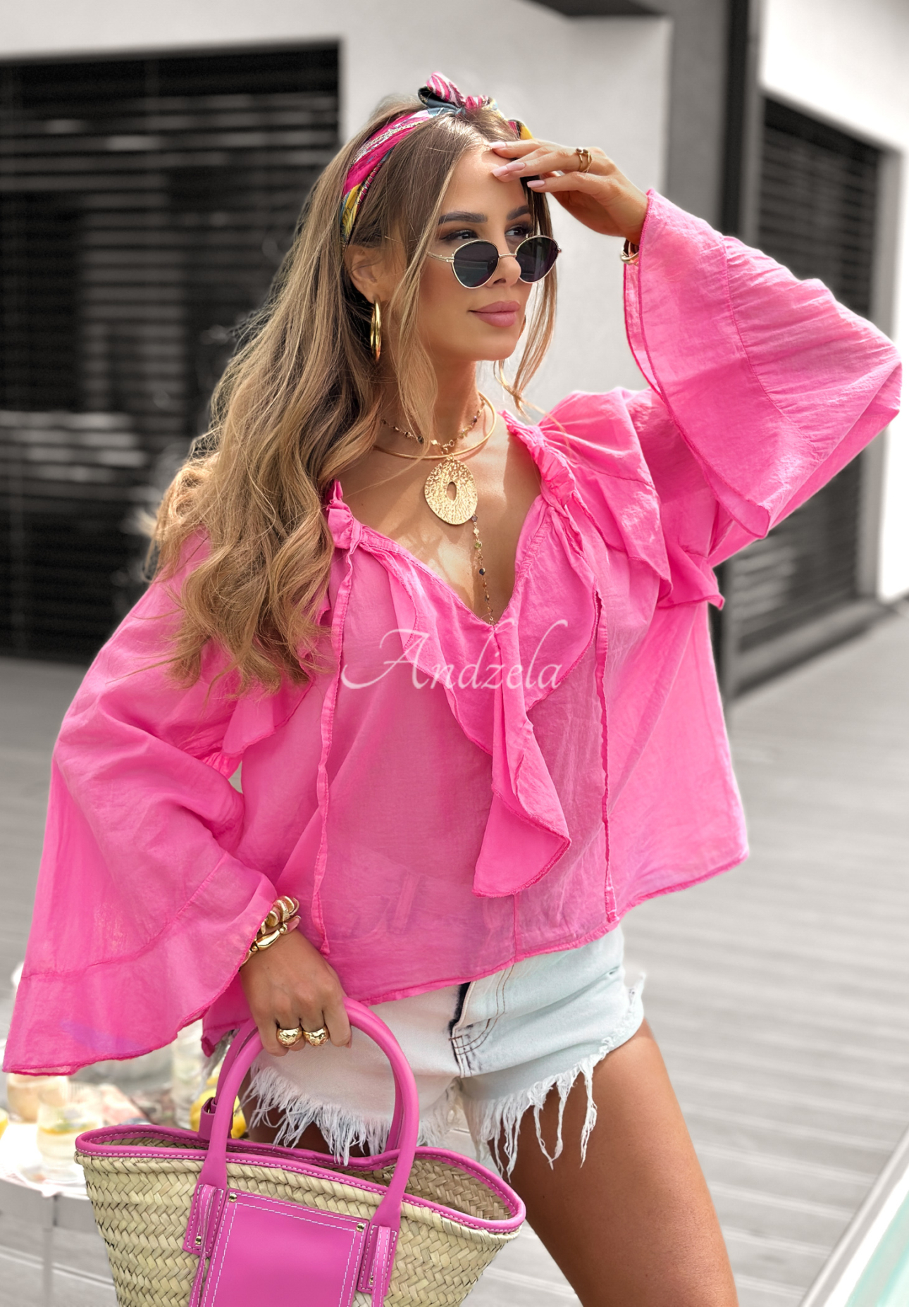 Blouse with frills Like The Cloud pink
