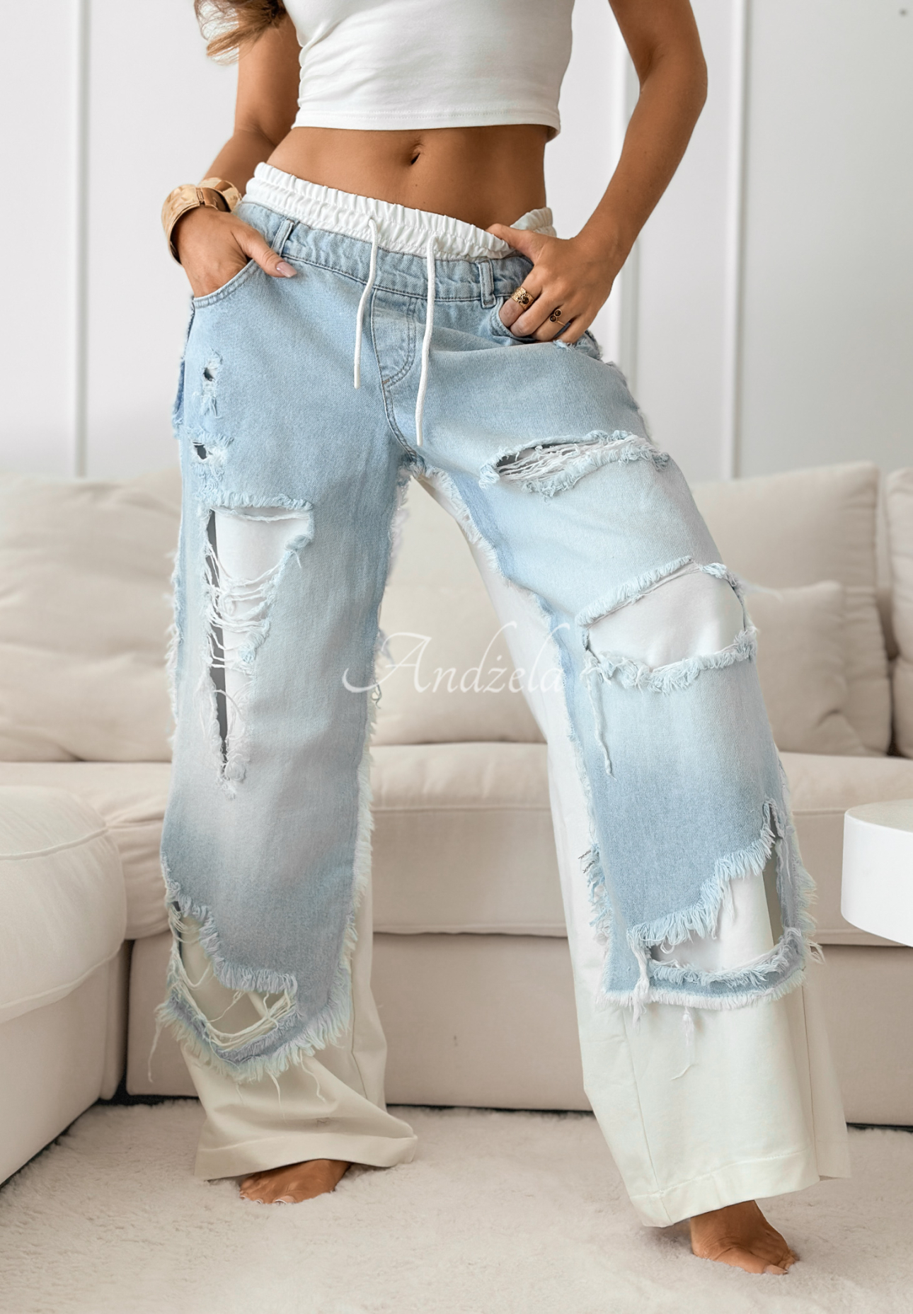 Trainings-Jeanshose im Used-Look Reversion weiß-Blau