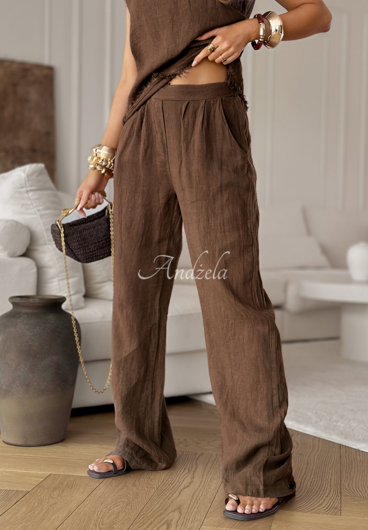 Leinen Hose wide leg Desert Princess Schokoladenbraun