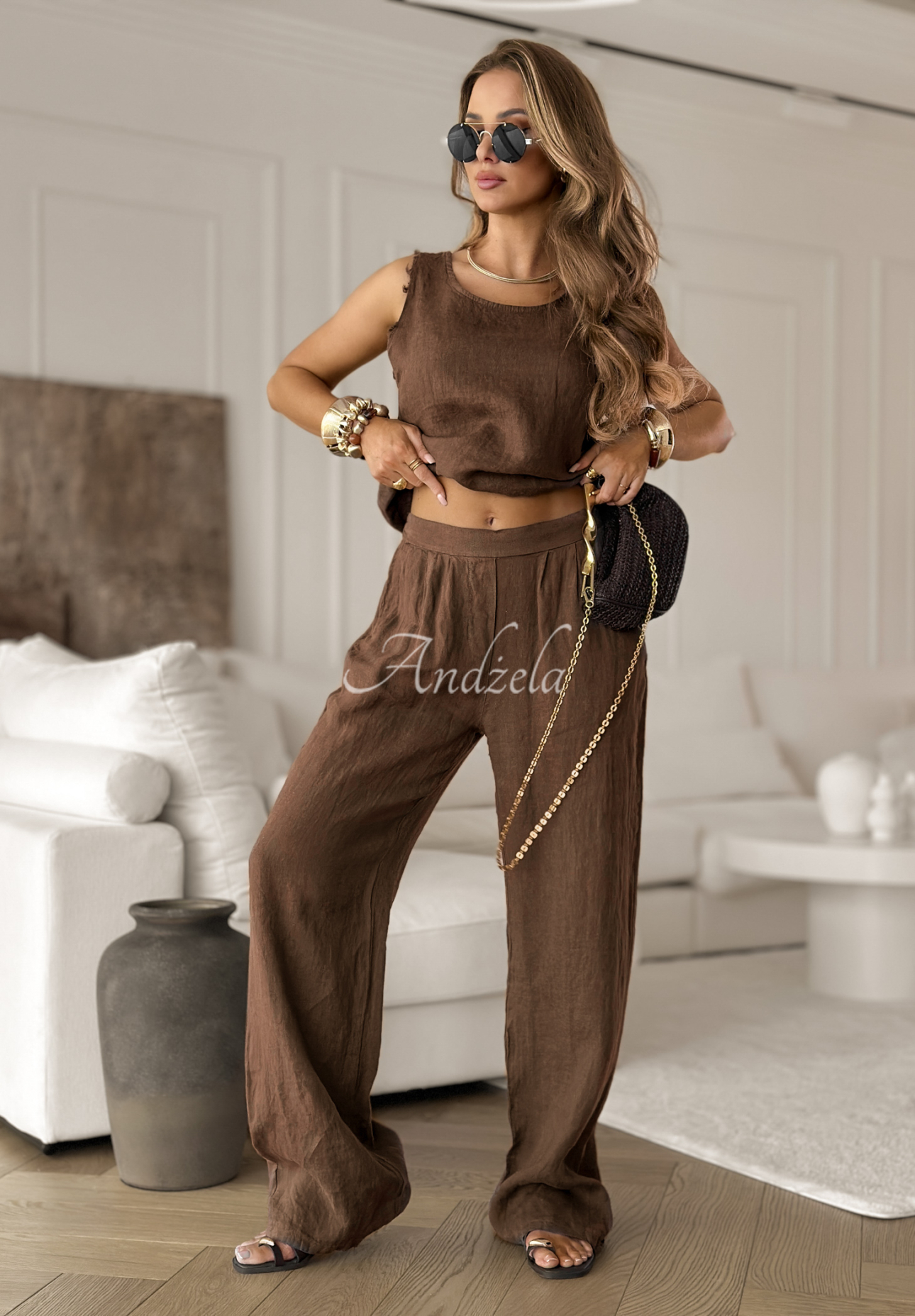 Leinen Hose wide leg Desert Princess Schokoladenbraun