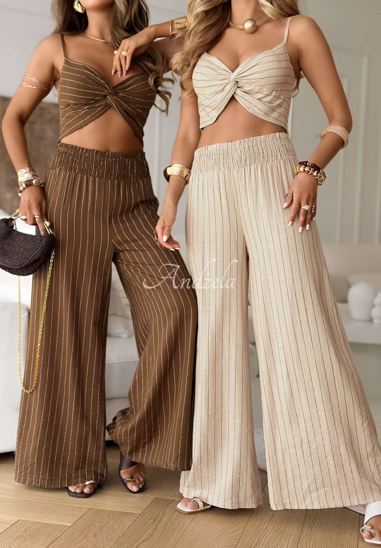 Leinenset kurzes Top und Hose wide leg mit Streifen Vina Del Mar Schokoladenbraun