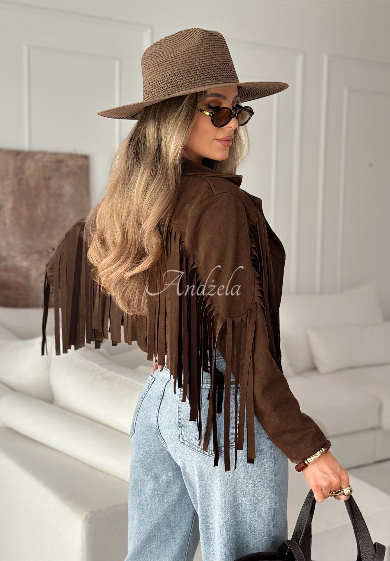 Bikerjacke aus Wildlederimitat mit Fransen Big City Events Schokoladenbraun