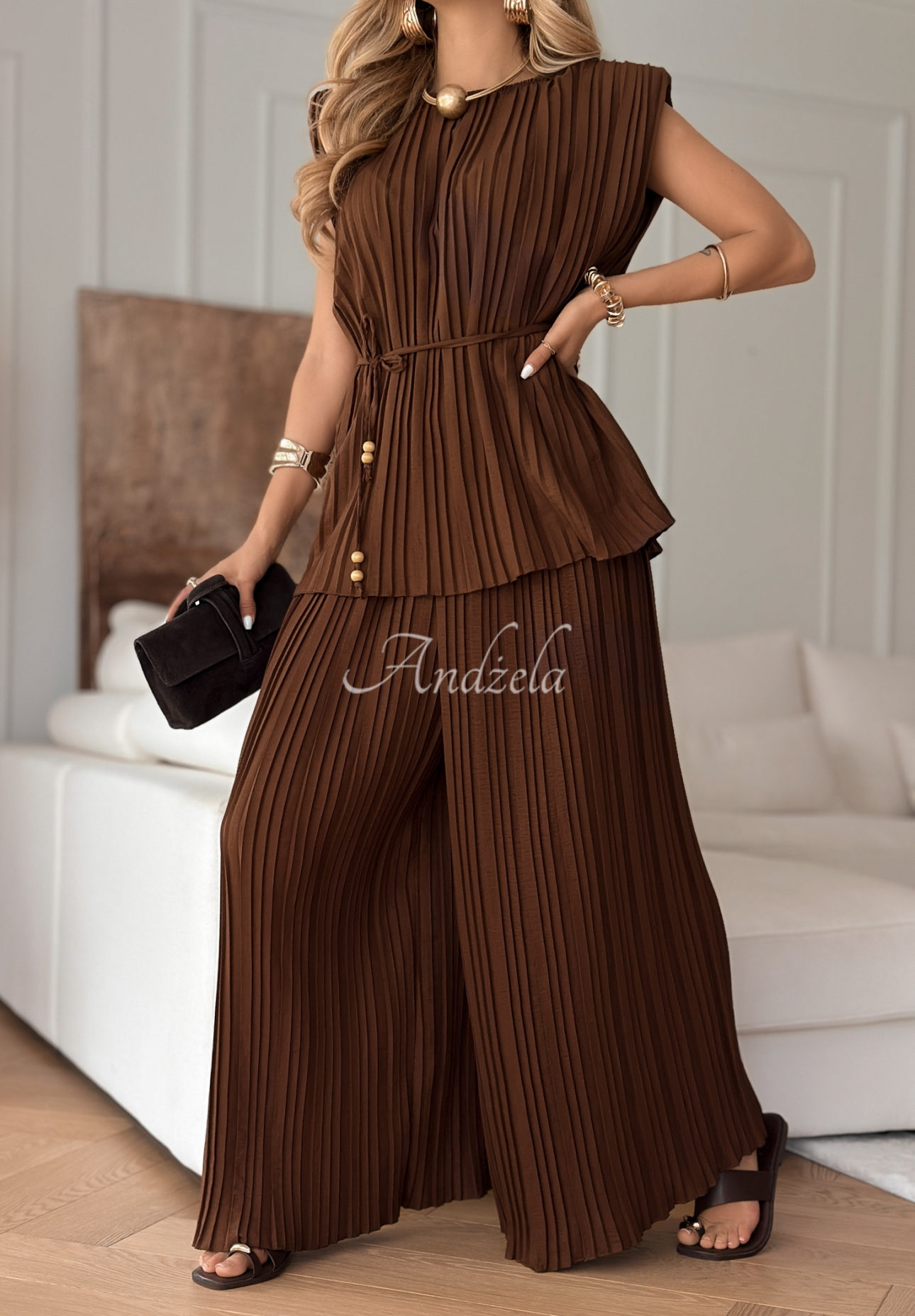 Set aus Plissierter Blusen- und Hose wide leg Afternoon Sun Schokoladenbraun