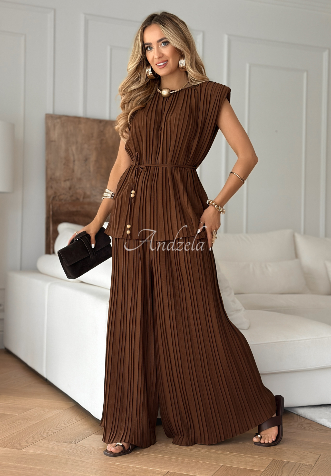 Set aus Plissierter Blusen- und Hose wide leg Afternoon Sun Schokoladenbraun