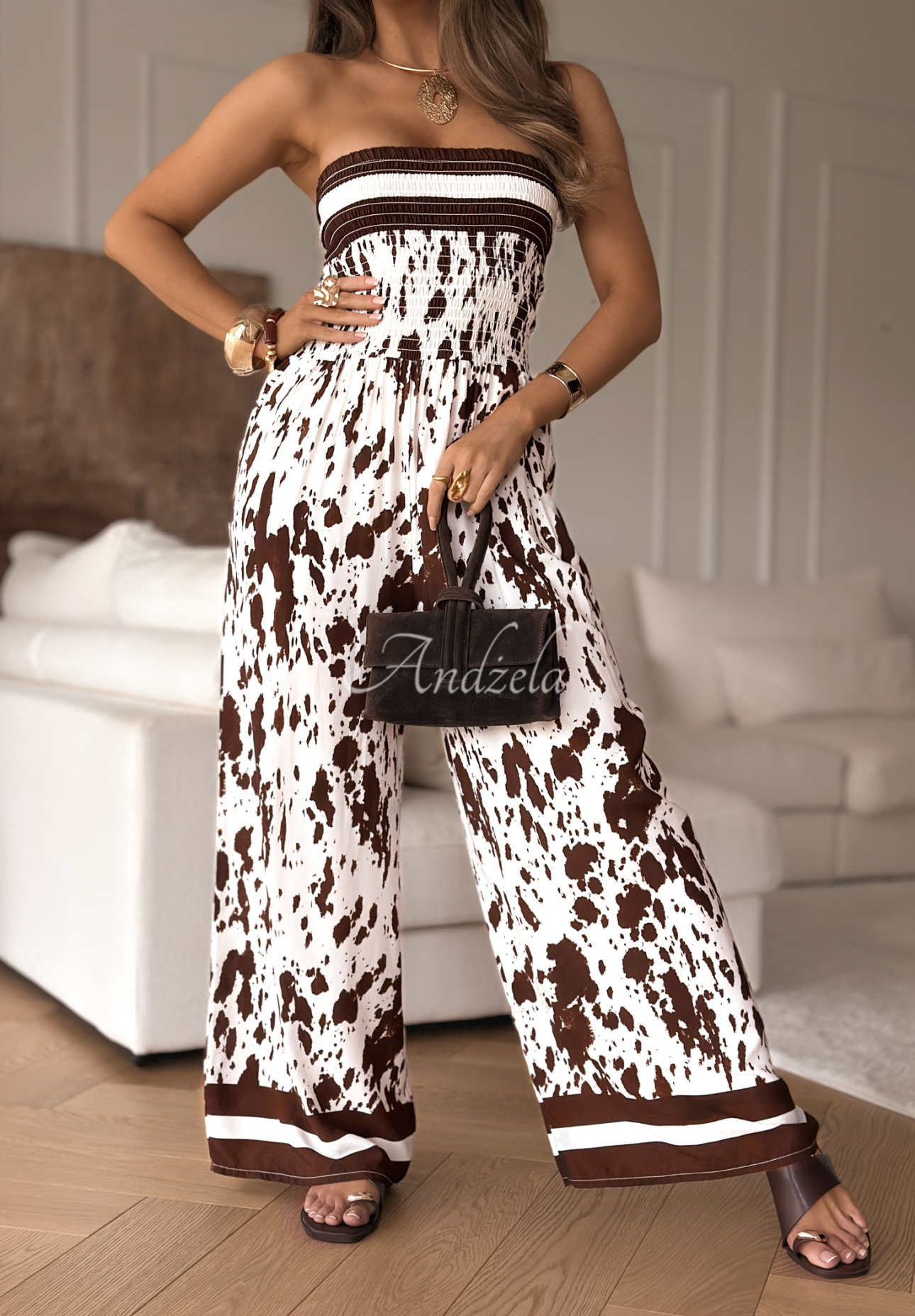 Langer Jumpsuit aus Viskose mit weitem Bein und Animalprint Wild Fusion weiß-schokobraun