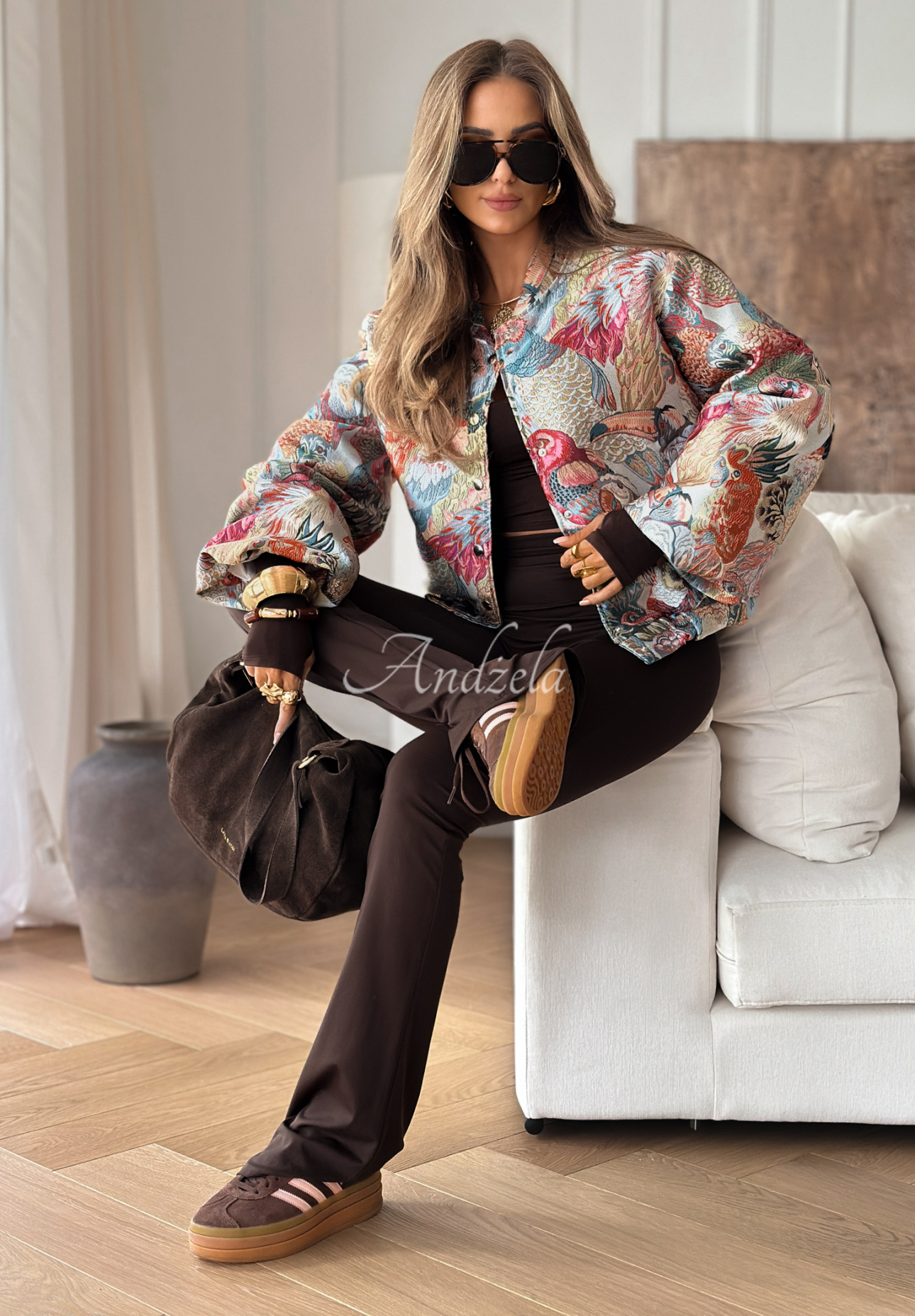 Kurze gemusterte Bomberjacke Parrots Of Paradise grau-rosa