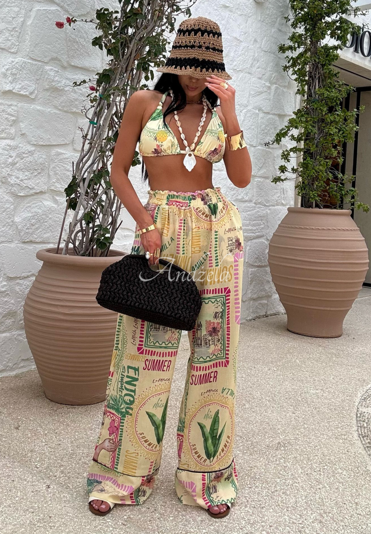 Gemusterte Leinenhose wide leg La Milla Sunbathing Today Bananengelb