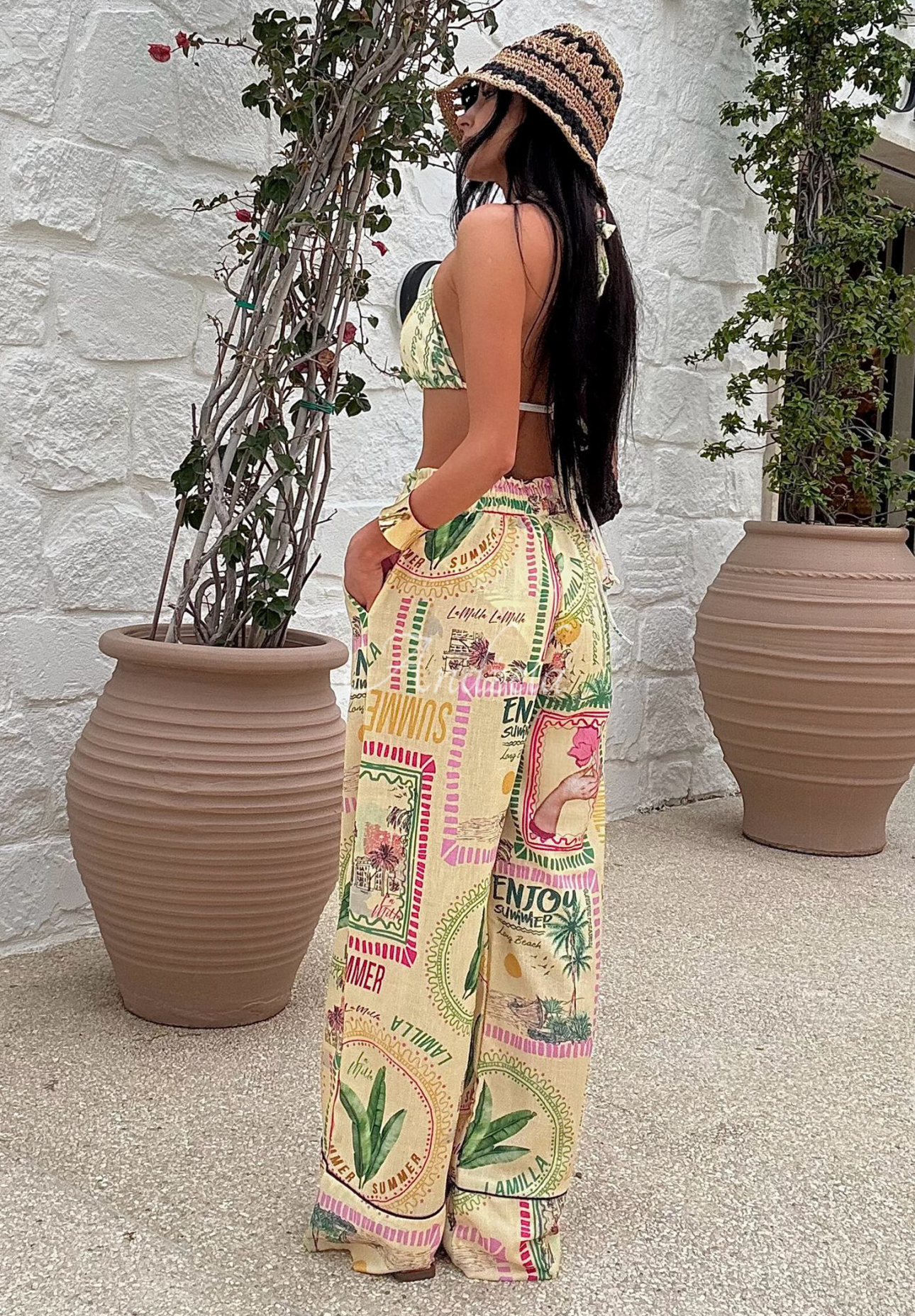 Gemusterte Leinenhose wide leg La Milla Sunbathing Today Bananengelb