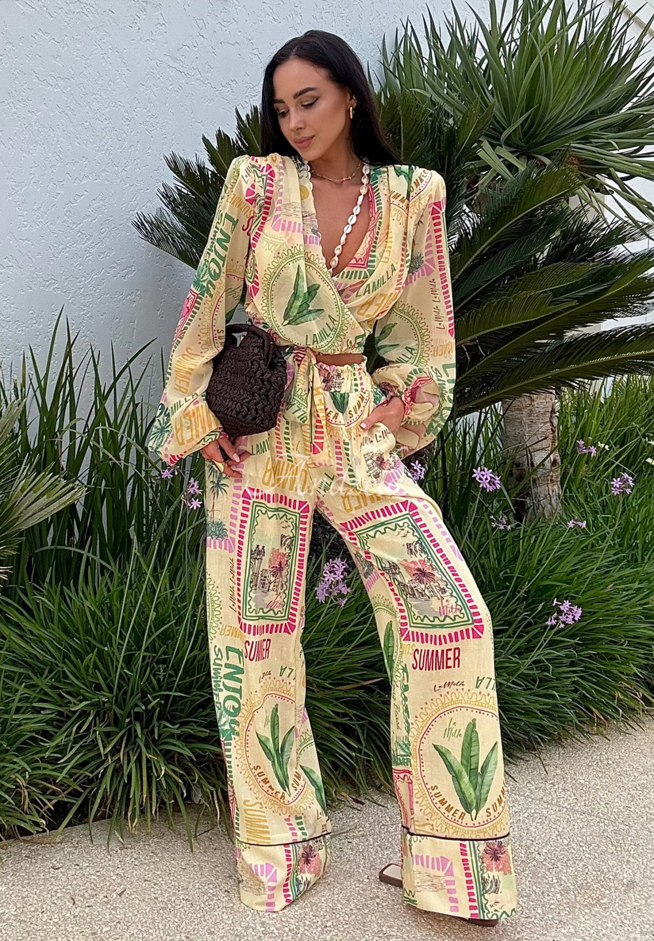 Gemusterte Leinenhose wide leg La Milla Sunbathing Today Bananengelb