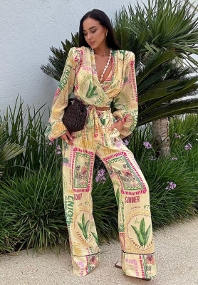 Gemusterte Leinenhose wide leg La Milla Sunbathing Today Bananengelb