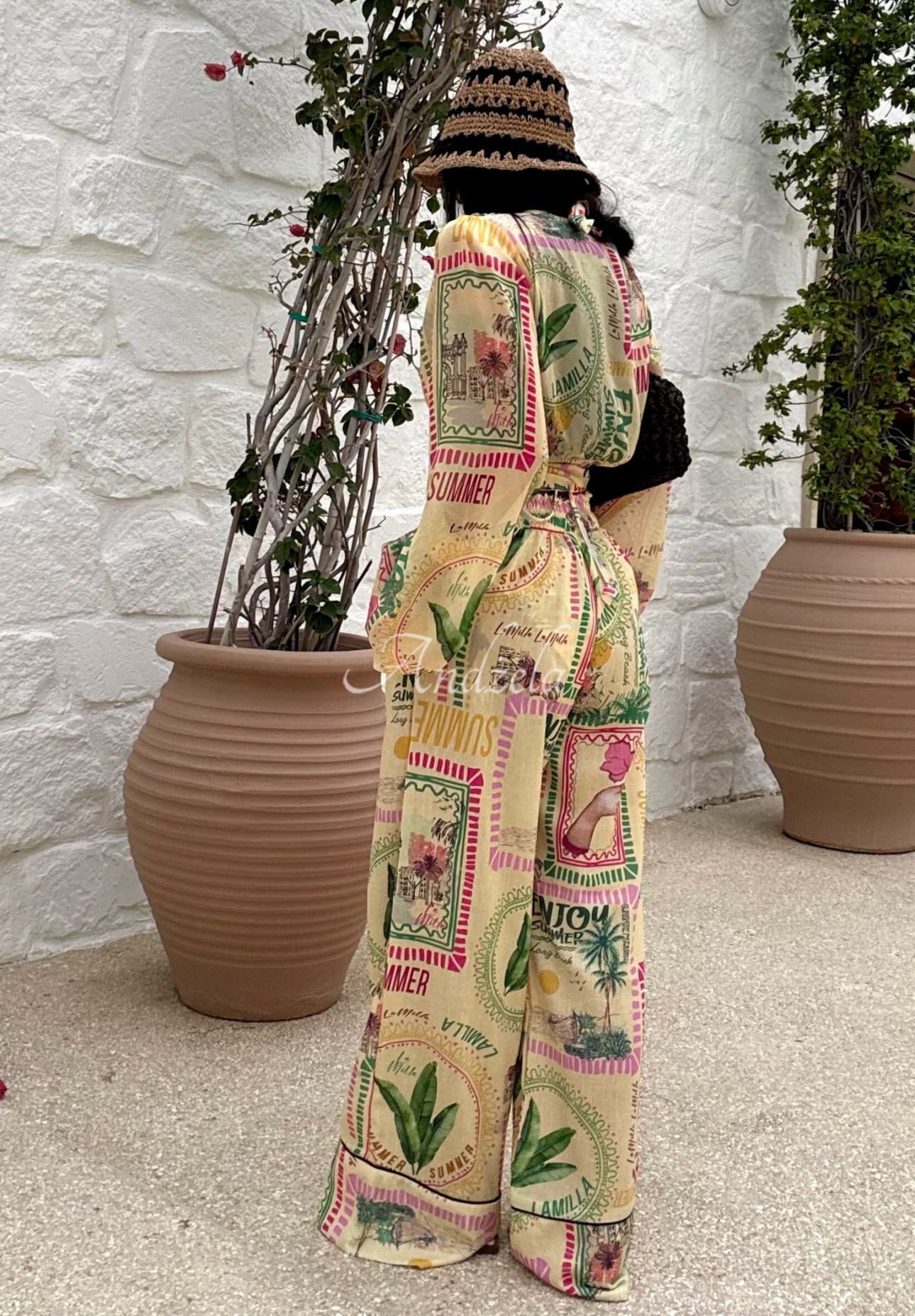 Gemusterte Leinenhose wide leg La Milla Sunbathing Today Bananengelb