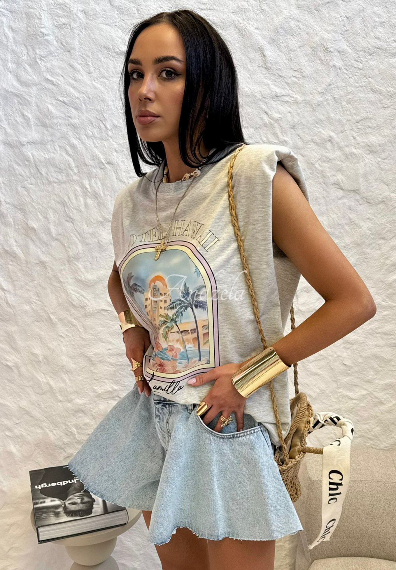 Top mit Print La Milla Hotel Hawaii Grau