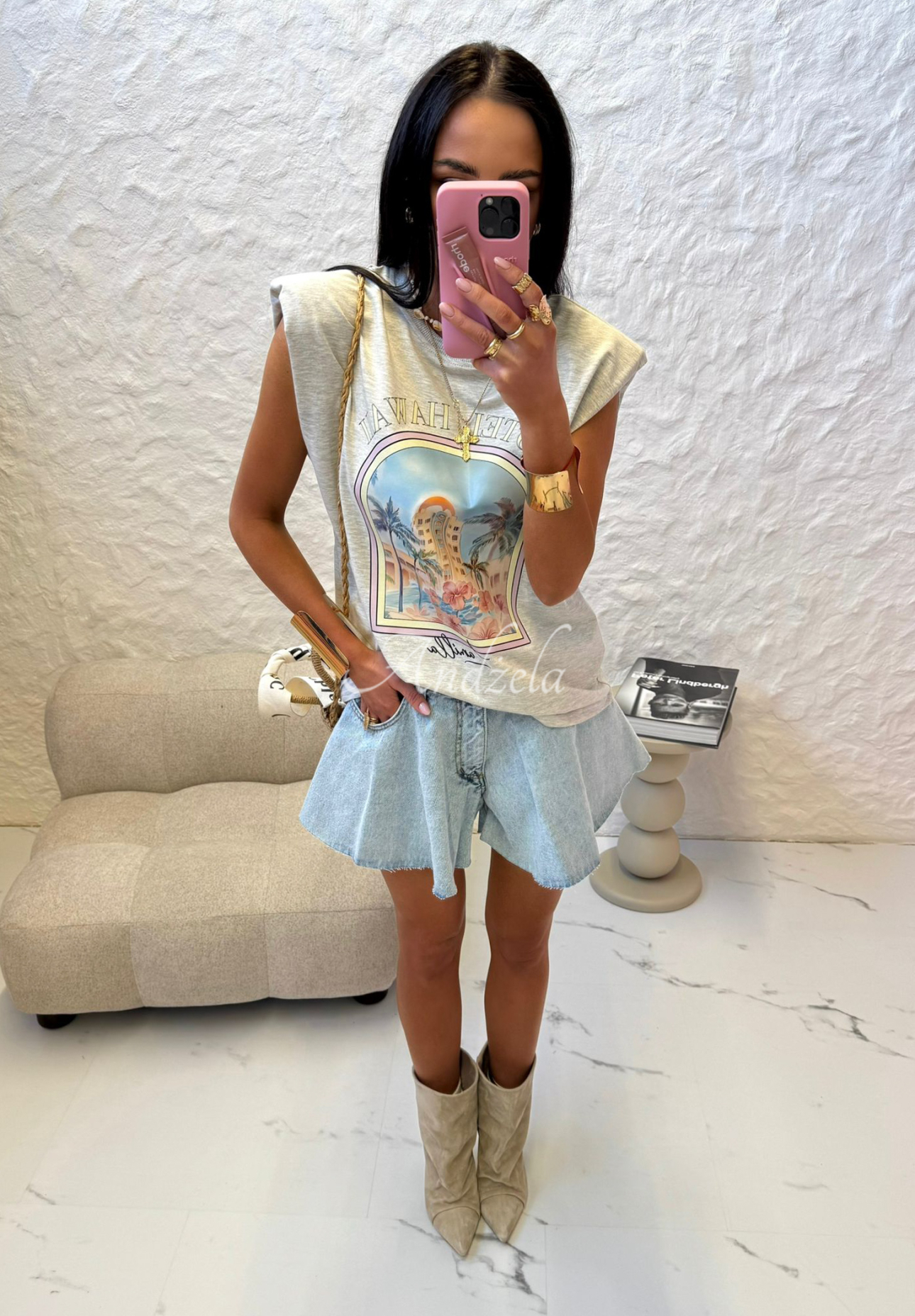 Top mit Print La Milla Hotel Hawaii Grau