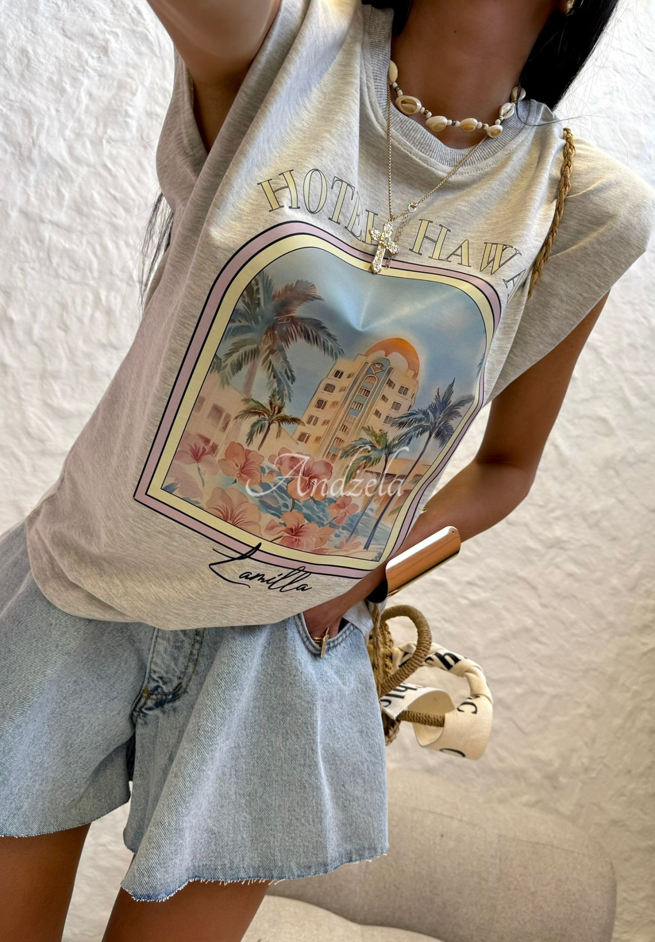 Top mit Print La Milla Hotel Hawaii Grau