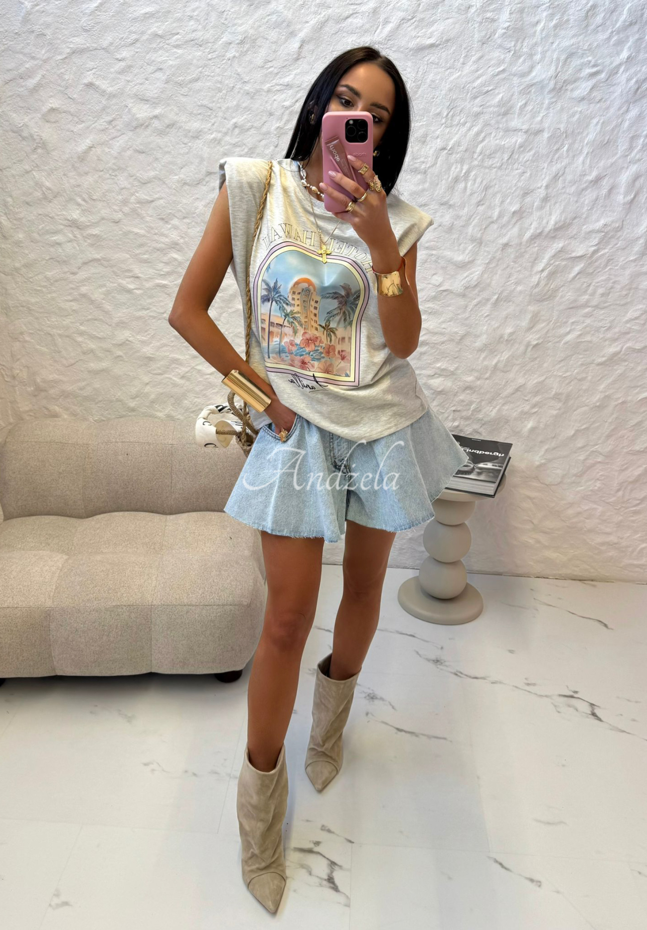 Top mit Print La Milla Hotel Hawaii Grau