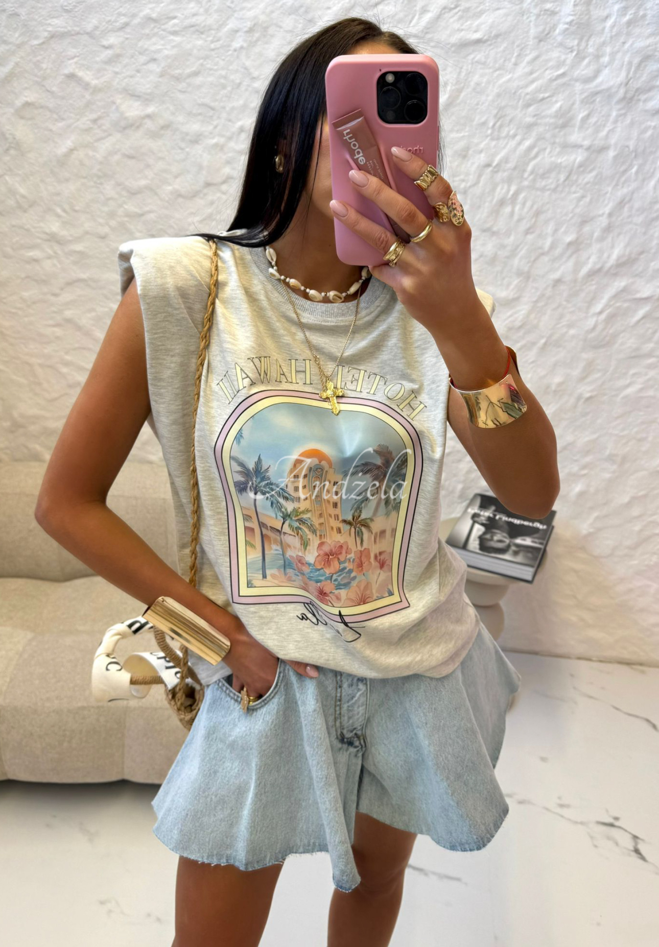 Top mit Print La Milla Hotel Hawaii Grau