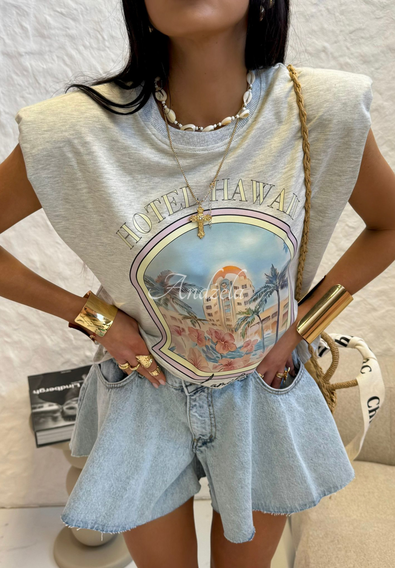 Top mit Print La Milla Hotel Hawaii Grau