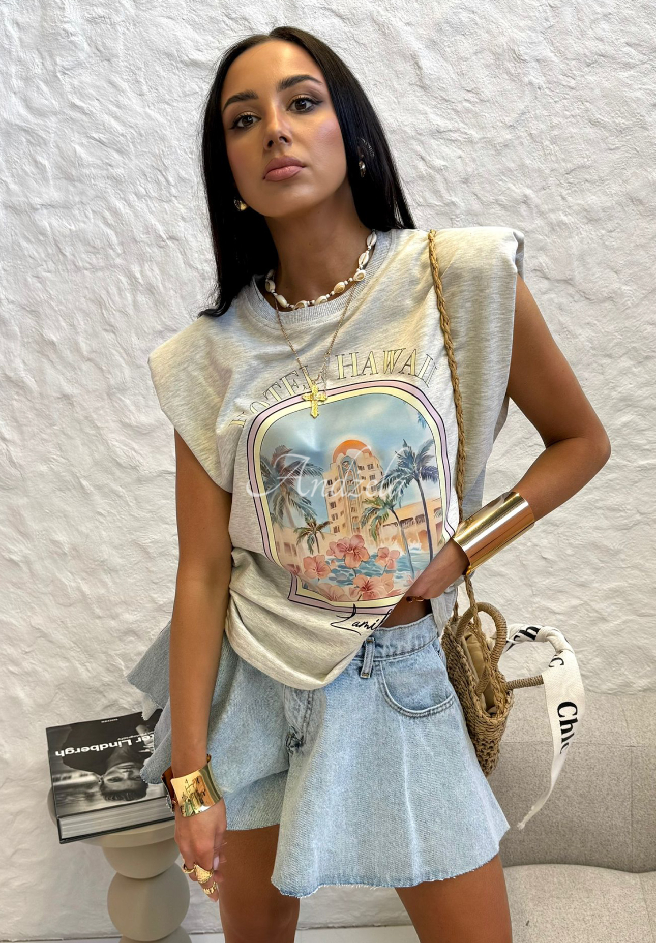 Top mit Print La Milla Hotel Hawaii Grau